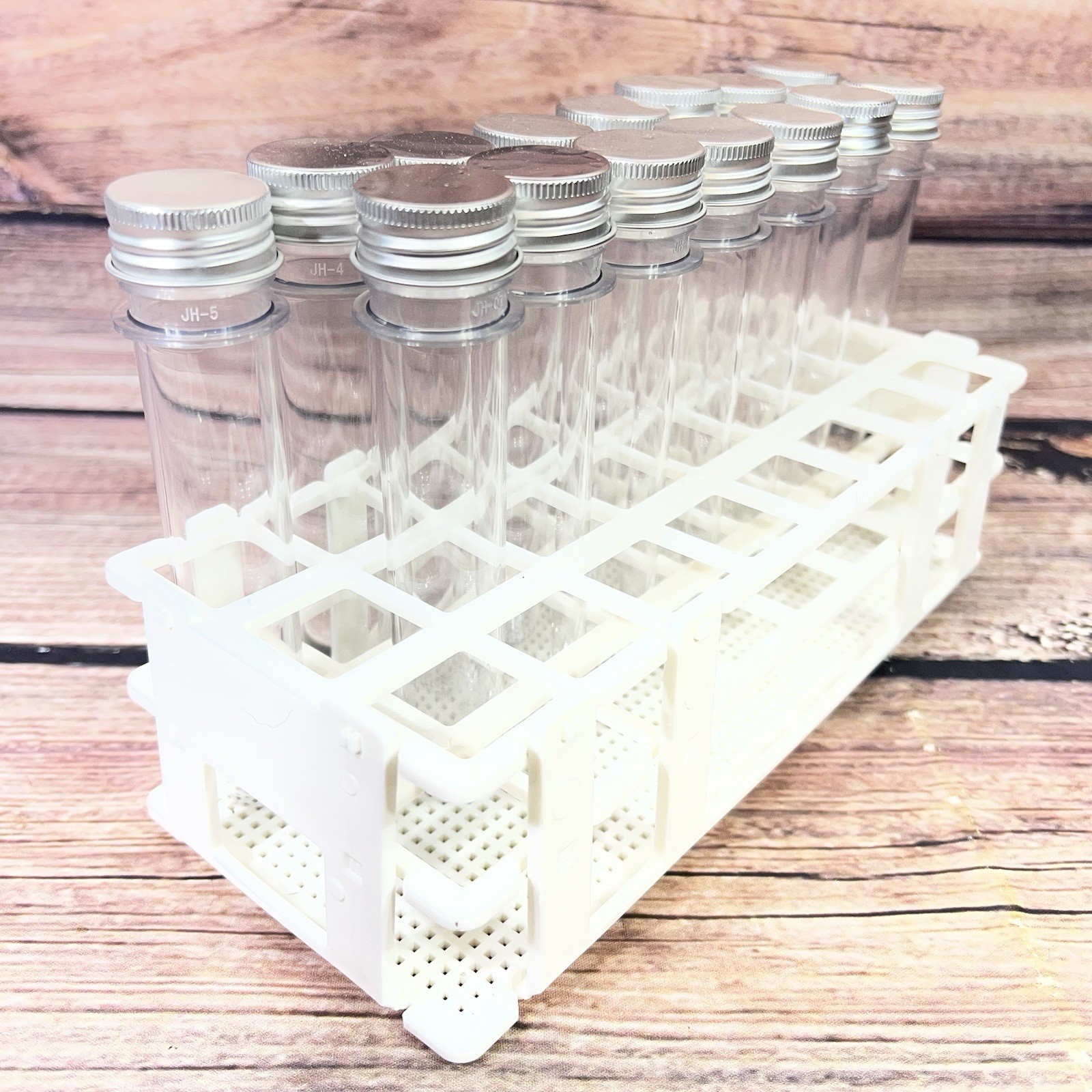 Qty 15 Plastic Test Tubes with Screw Caps With stand