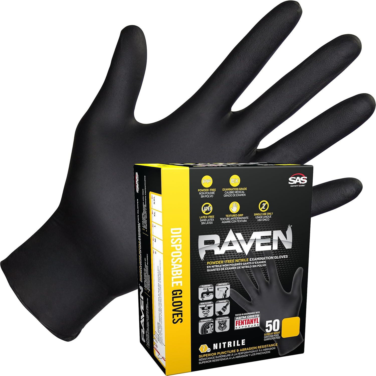 Safety 66518-01 Raven Powder-Free Exam Grade Nitrile – 6 Mil 50 Gloves per Box