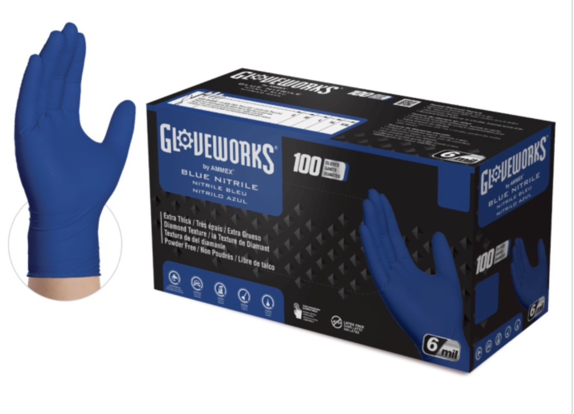 Ammex Gloveworks GWRBN49100 Blue Nitrile Powder Free Industrial Gloves, 6 Mil