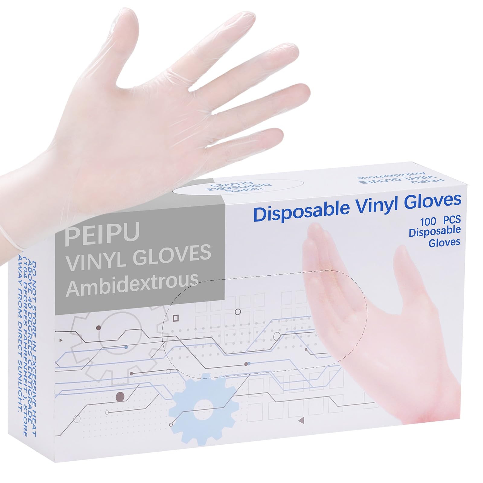 PEIPU Vinyl Disposable Gloves, Large, 100~Pack, Powder~Free, Latex~Free