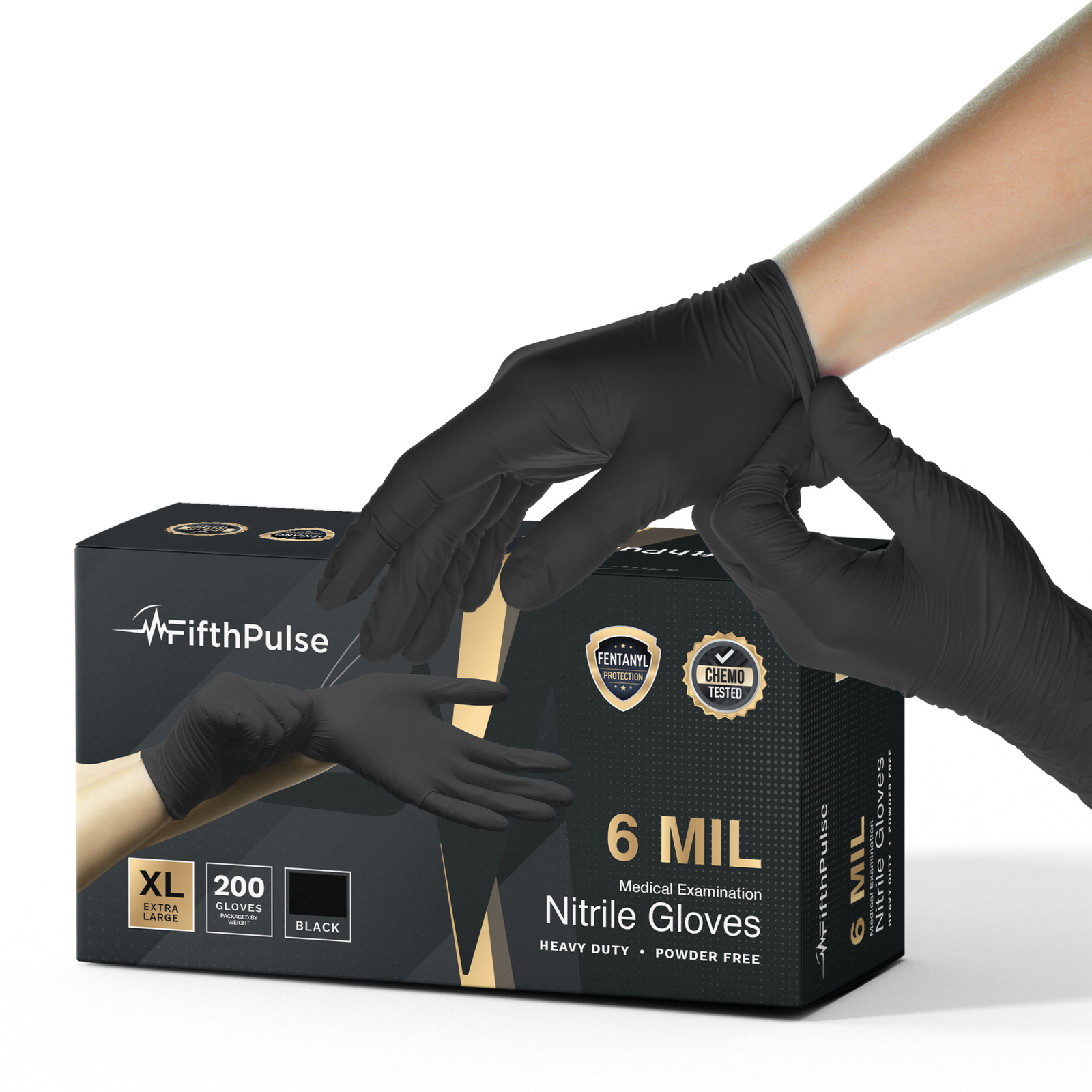 FifthPulse Chemo-Tested Fentanyl Resistant Nitrile Exam Gloves Black 200 Ct XL