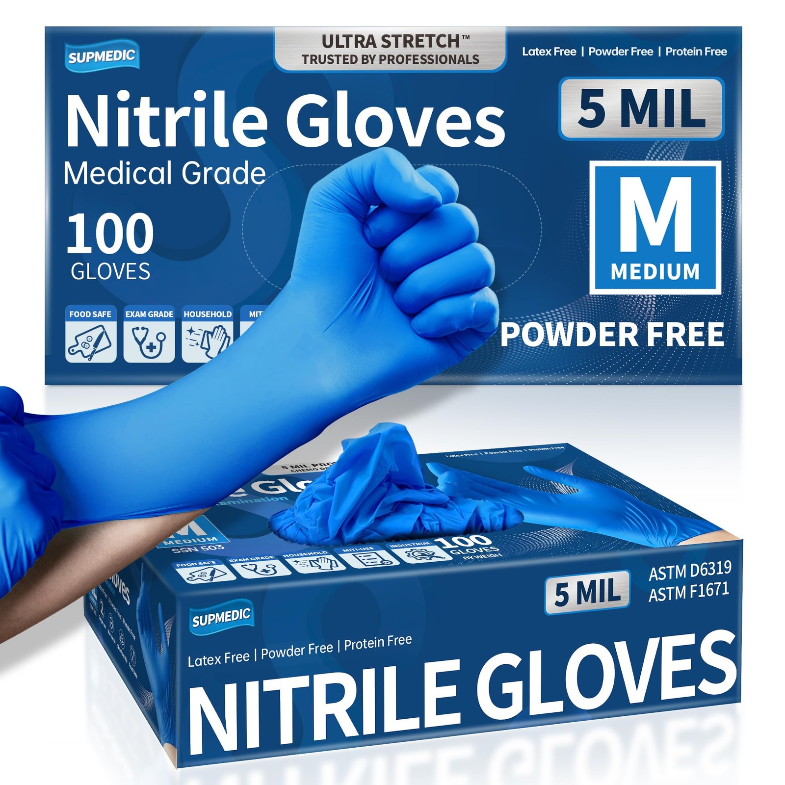 Supmedic Blue Nitrile Exam Gloves, 5 mil Powder-Free Chemo-Rated Food Safe