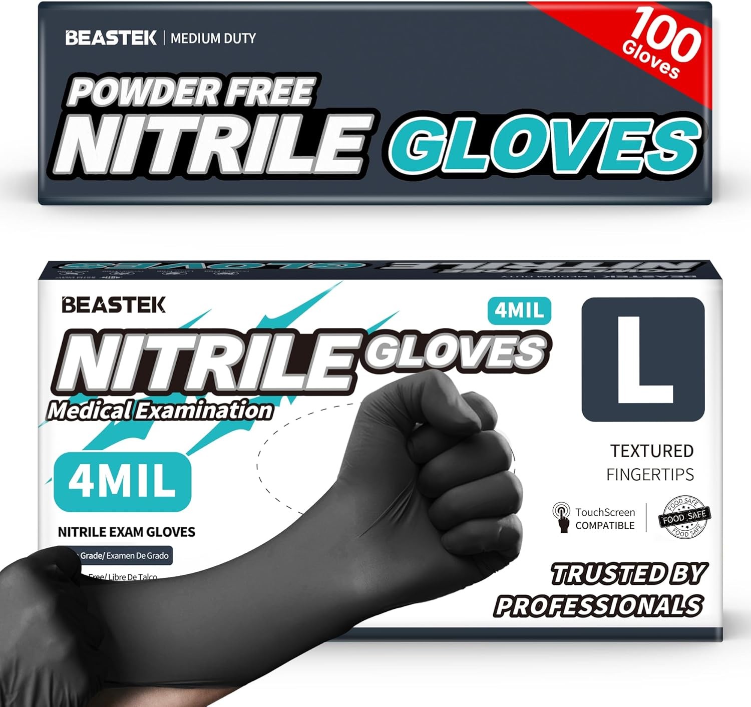 Beastek Black Disposable Nitrile Exam Gloves 100 Pcs 4Mil Chemical Resistant Pow