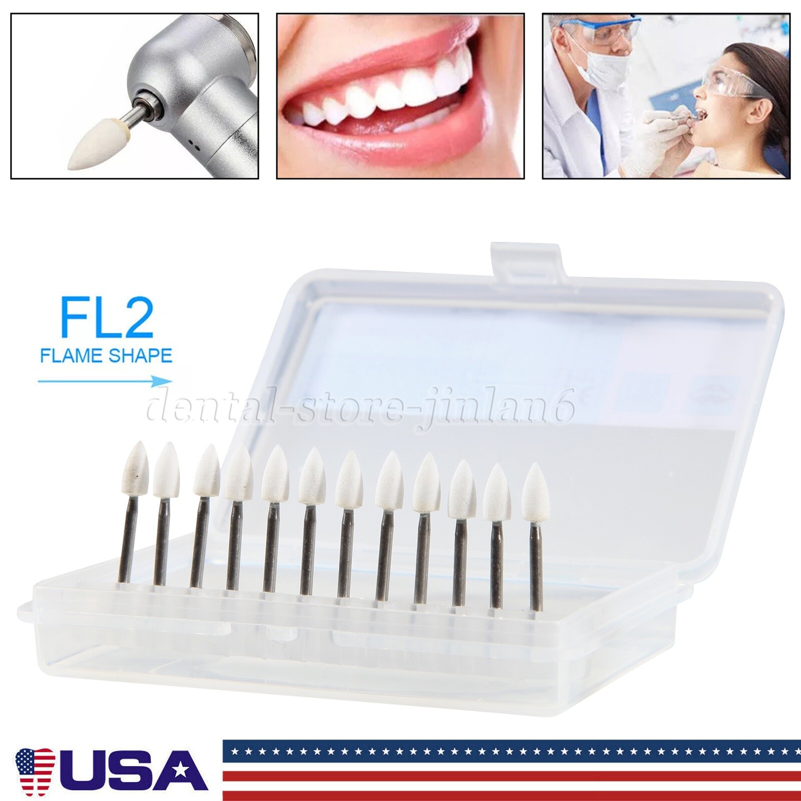 Dental High Speed FG Polishing Bur Kit Resin White Stone Flame Shape 12 Pcs/Set