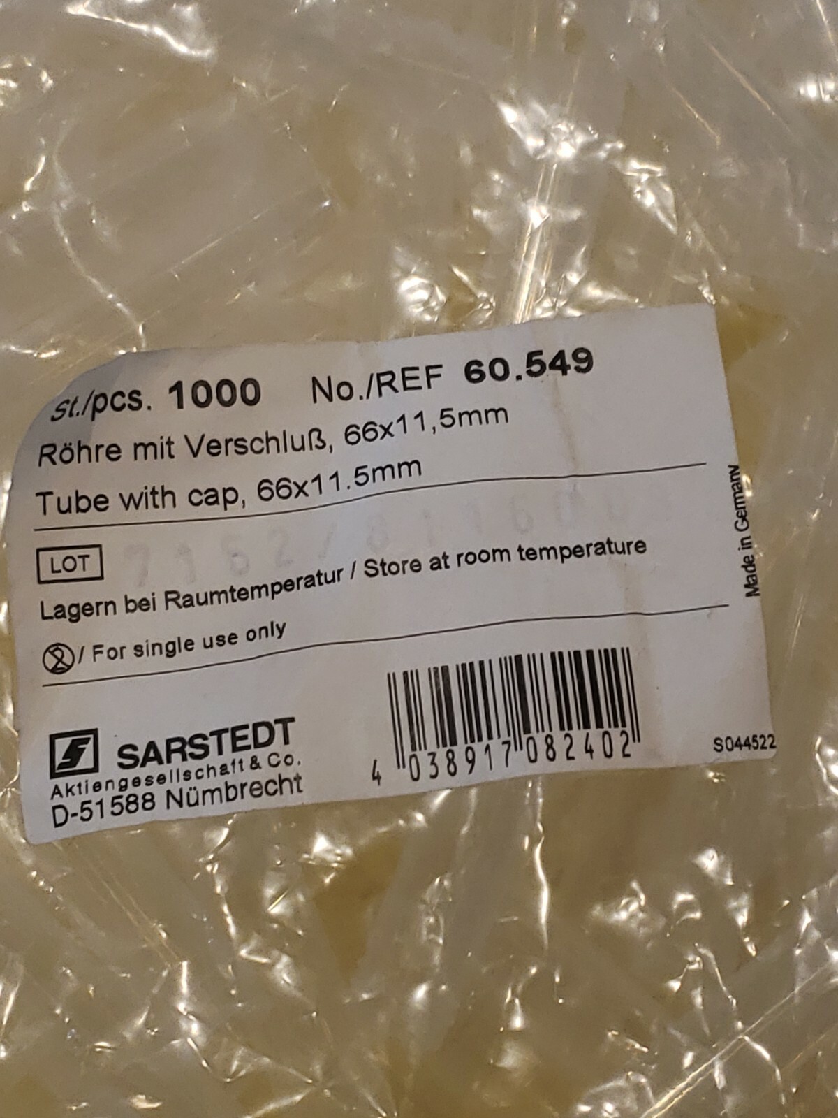 1000 SARSTEDT 3.5ml SC TUBE 12×66 65.549 (Bag of 1000)