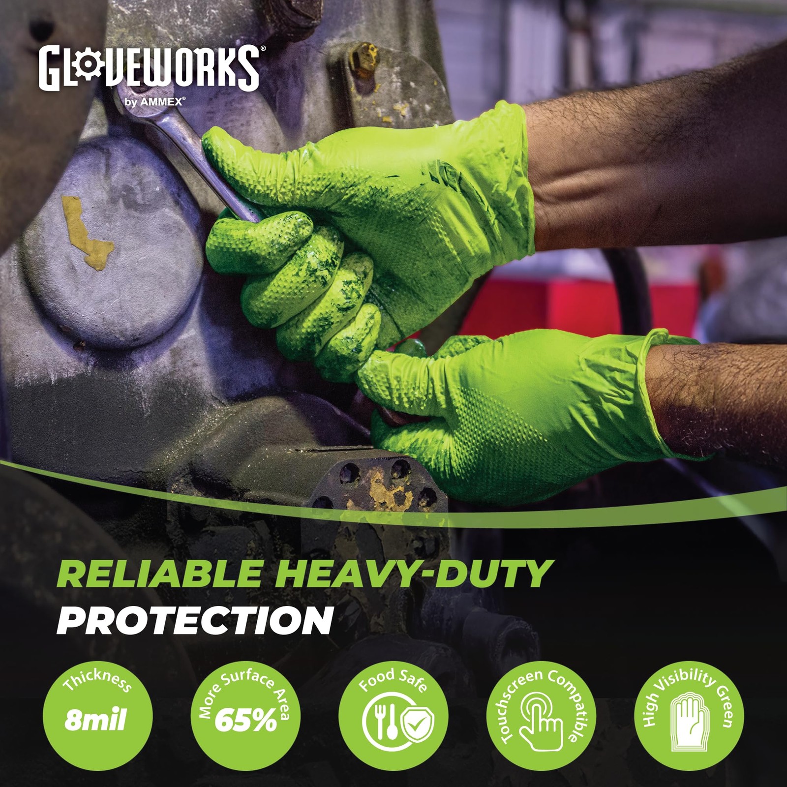 GLOVEWORKS HD Green Nitrile Gloves, 8 Mil, XLarge, Box of 100