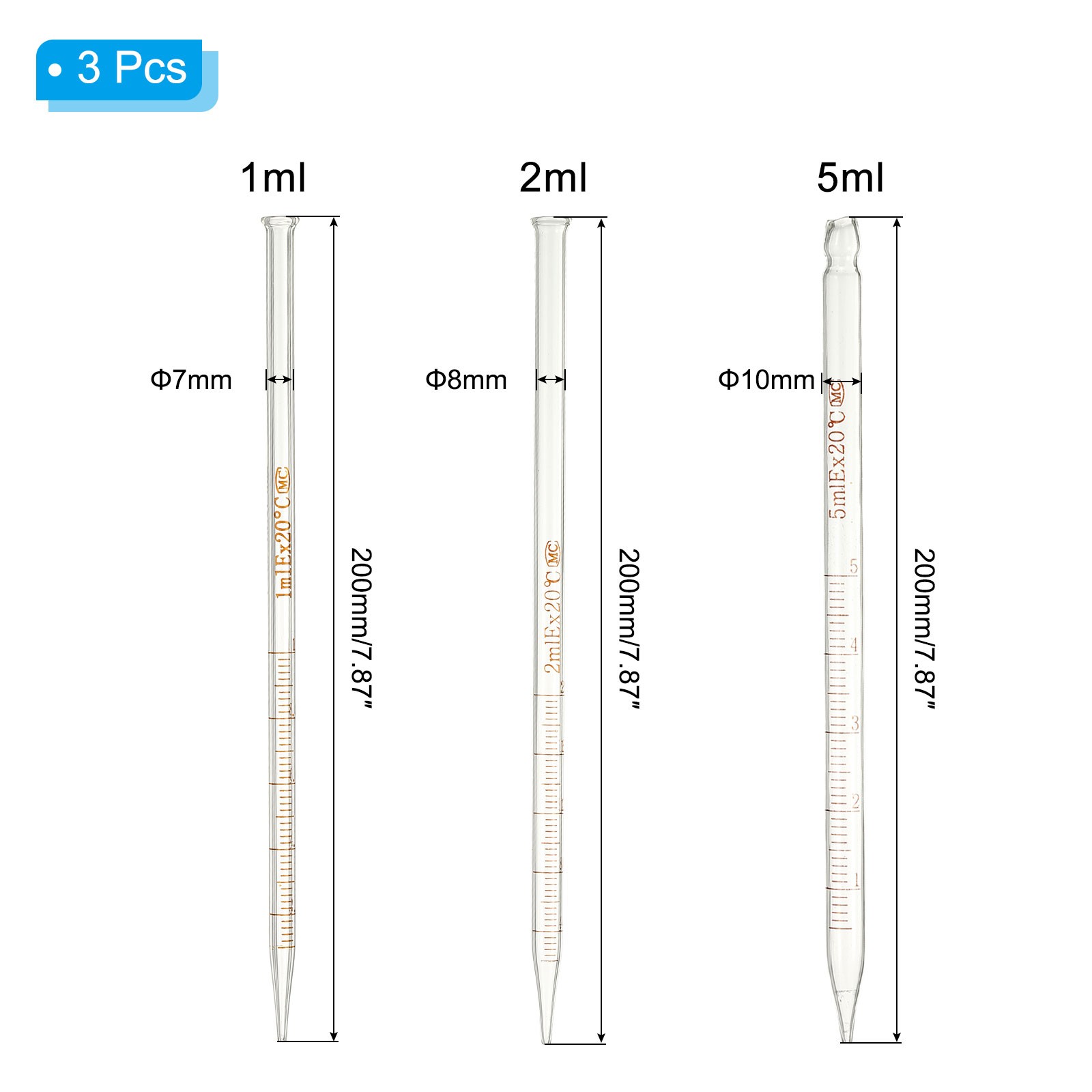 Graduated Pipettes, 3 Pack 1ml/2ml/5ml Glass Pipette with Bulb