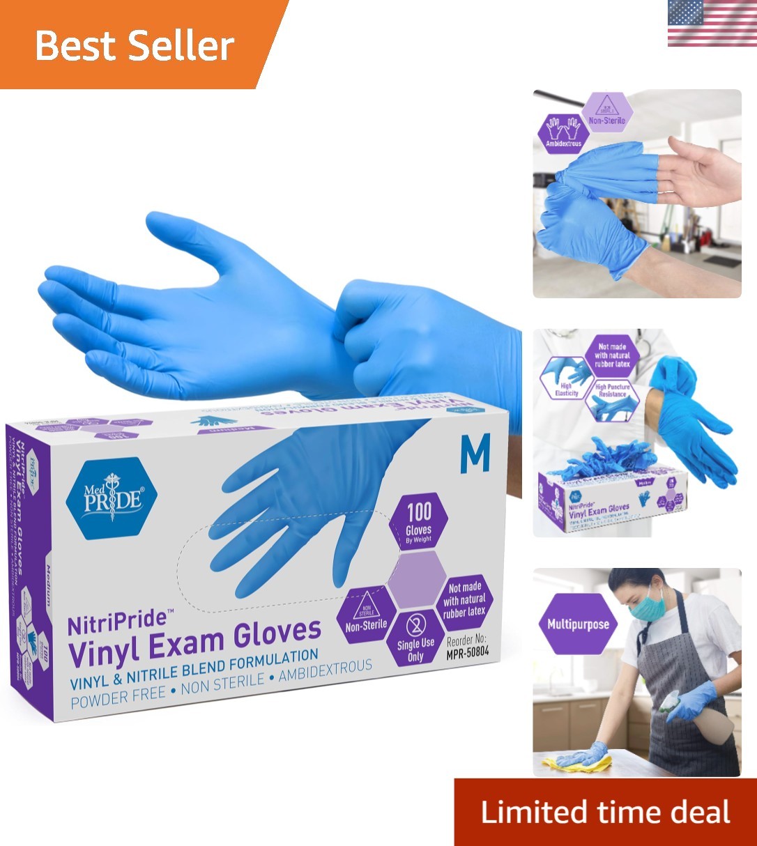 Disposable Nitrile/Vinyl Blend Exam Gloves – Powder-Free, Latex-Free – Box of…