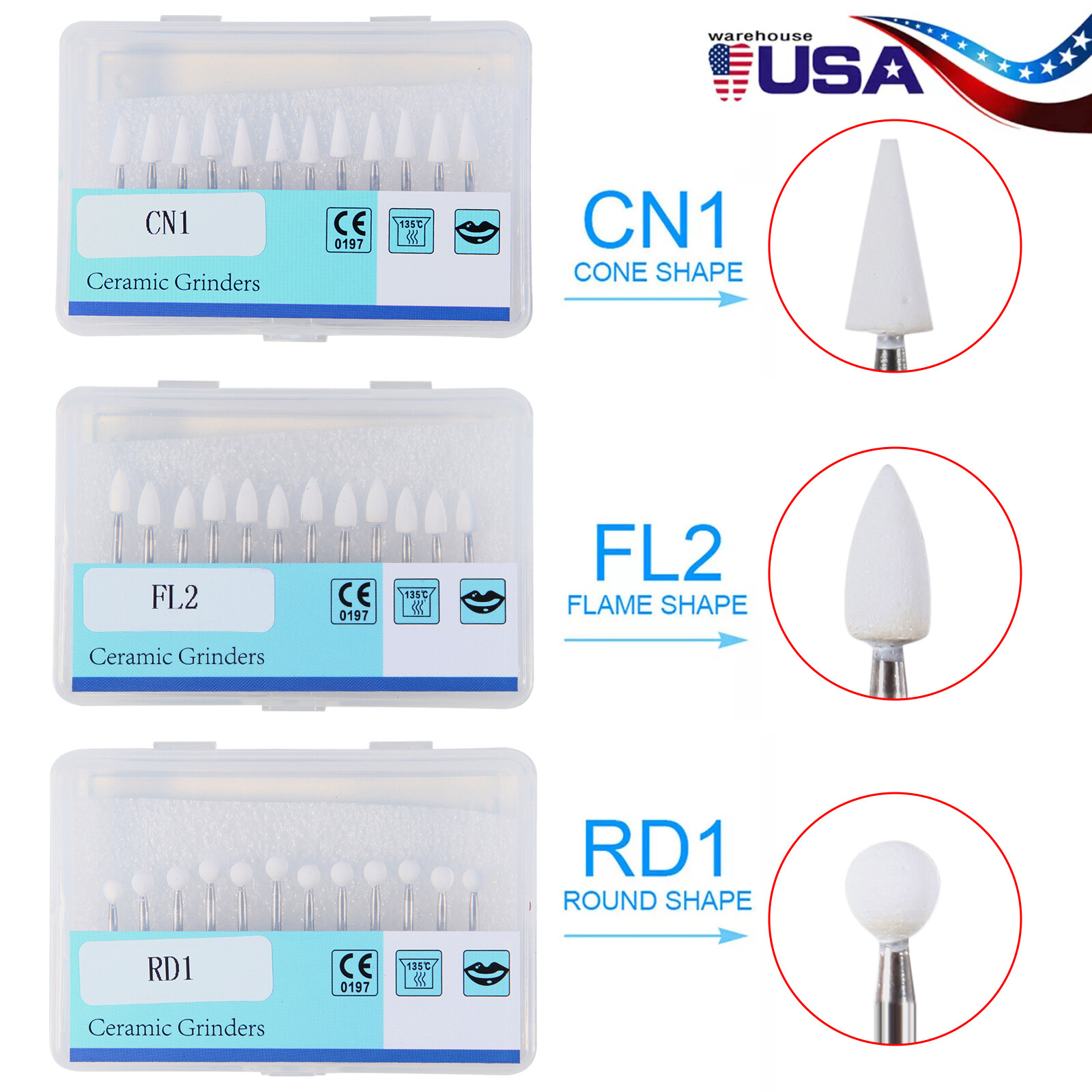 Dental White Stone Aluminum Oxide Polishing FG Burs For High &Low Speed 12/pk st