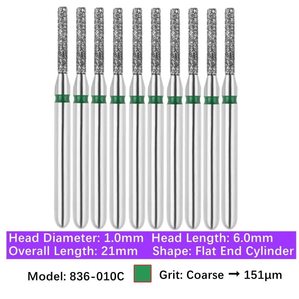 10/Pk Dental FG Diamond Burs Flat End Cylinder Shape 836-010C Coarse Grit