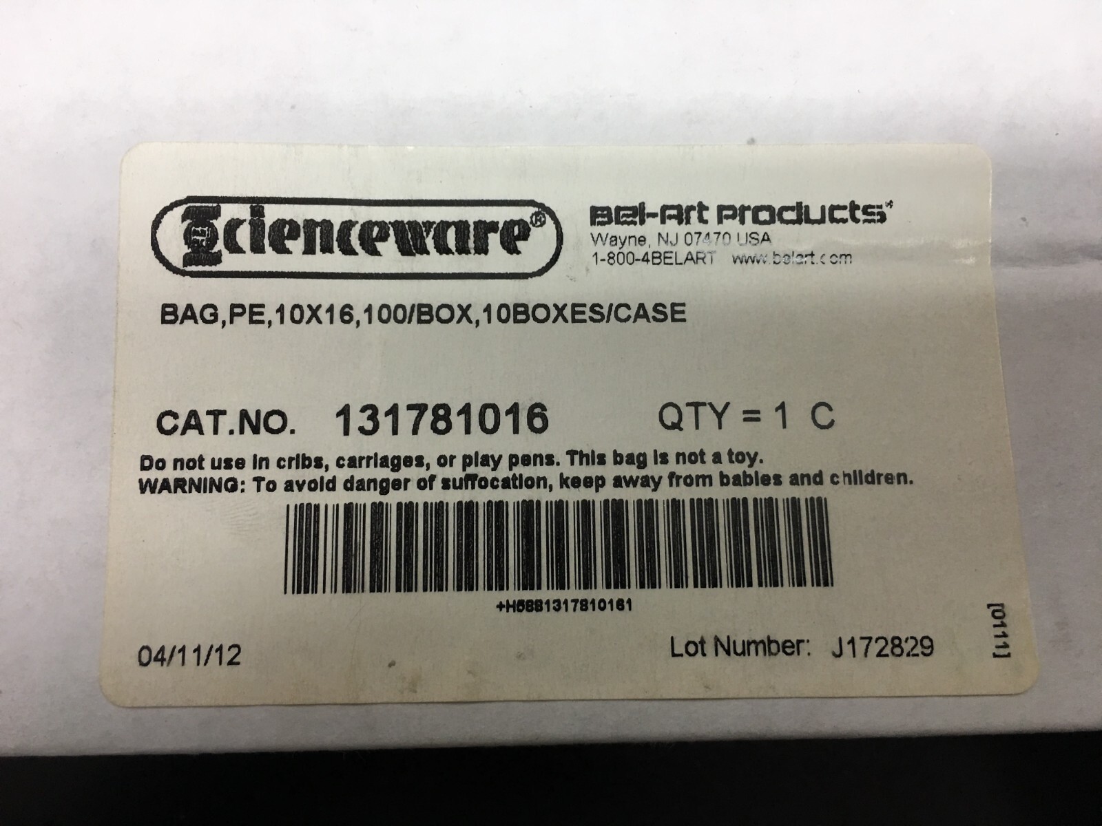 Bel Art Cat No 131781016 Polyethylene Utility Bags 10x16in