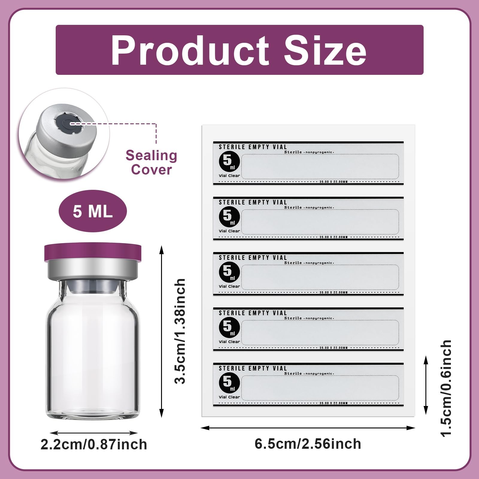 Threlaco 20 Pcs 5ml Sealed Sterile Empty Vials with Self Healing 5ml, Purple