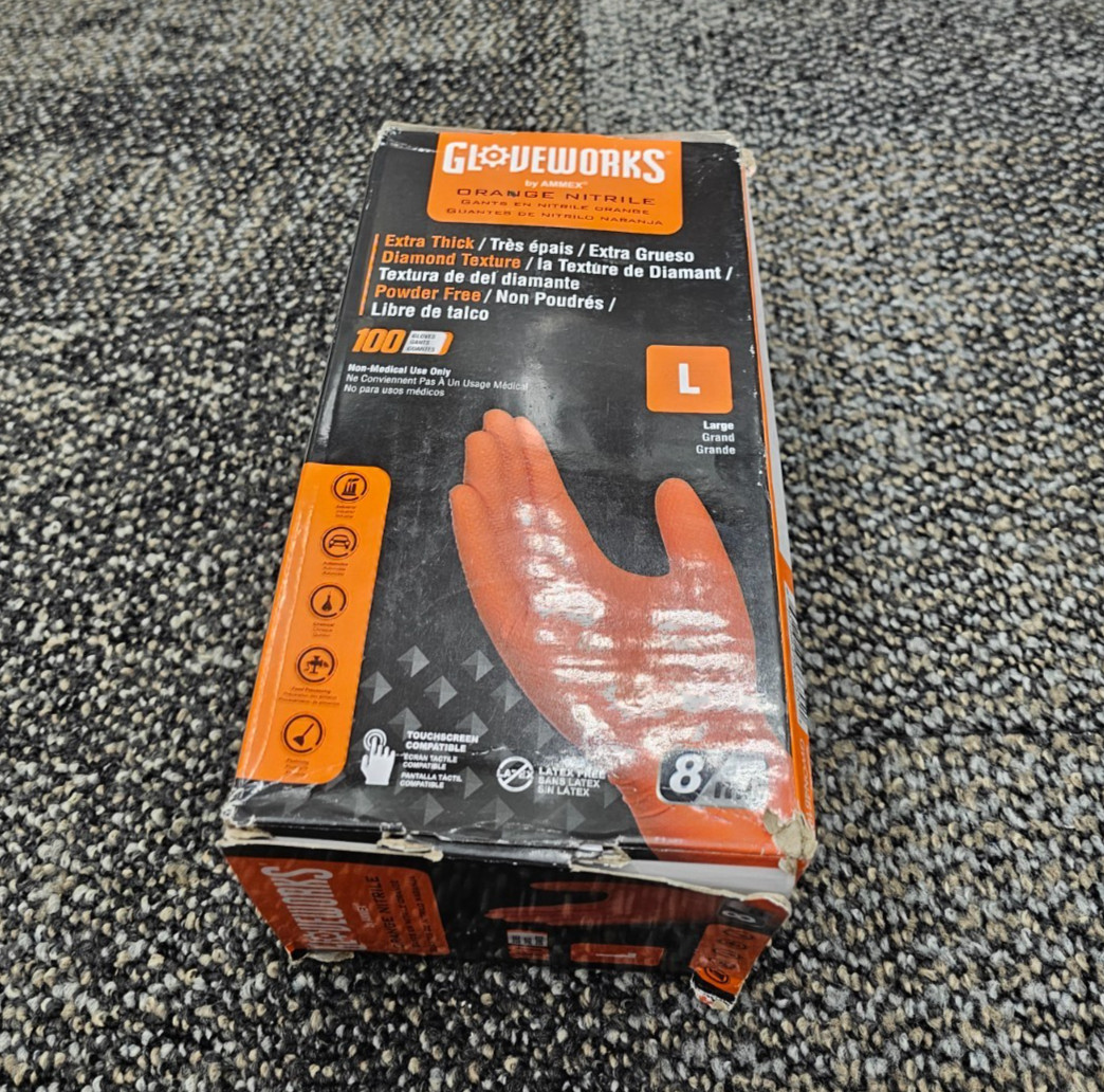 (QTY 100) AMMEX GWON46100 Gloveworks Orange Nitrile Disposable Gloves Size Large