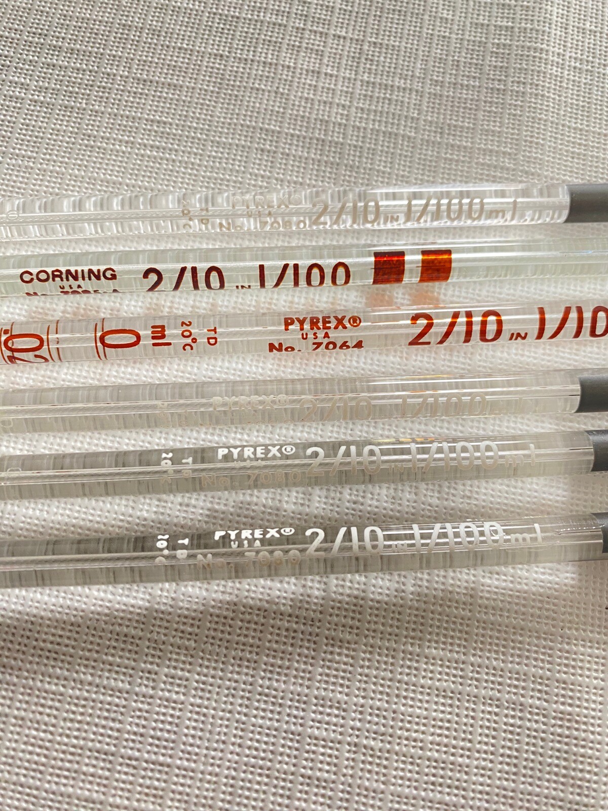 (6 Pcs) PYREX 2/10mL in 1/100 Glass TD Serological Pipettes 11-3/4”