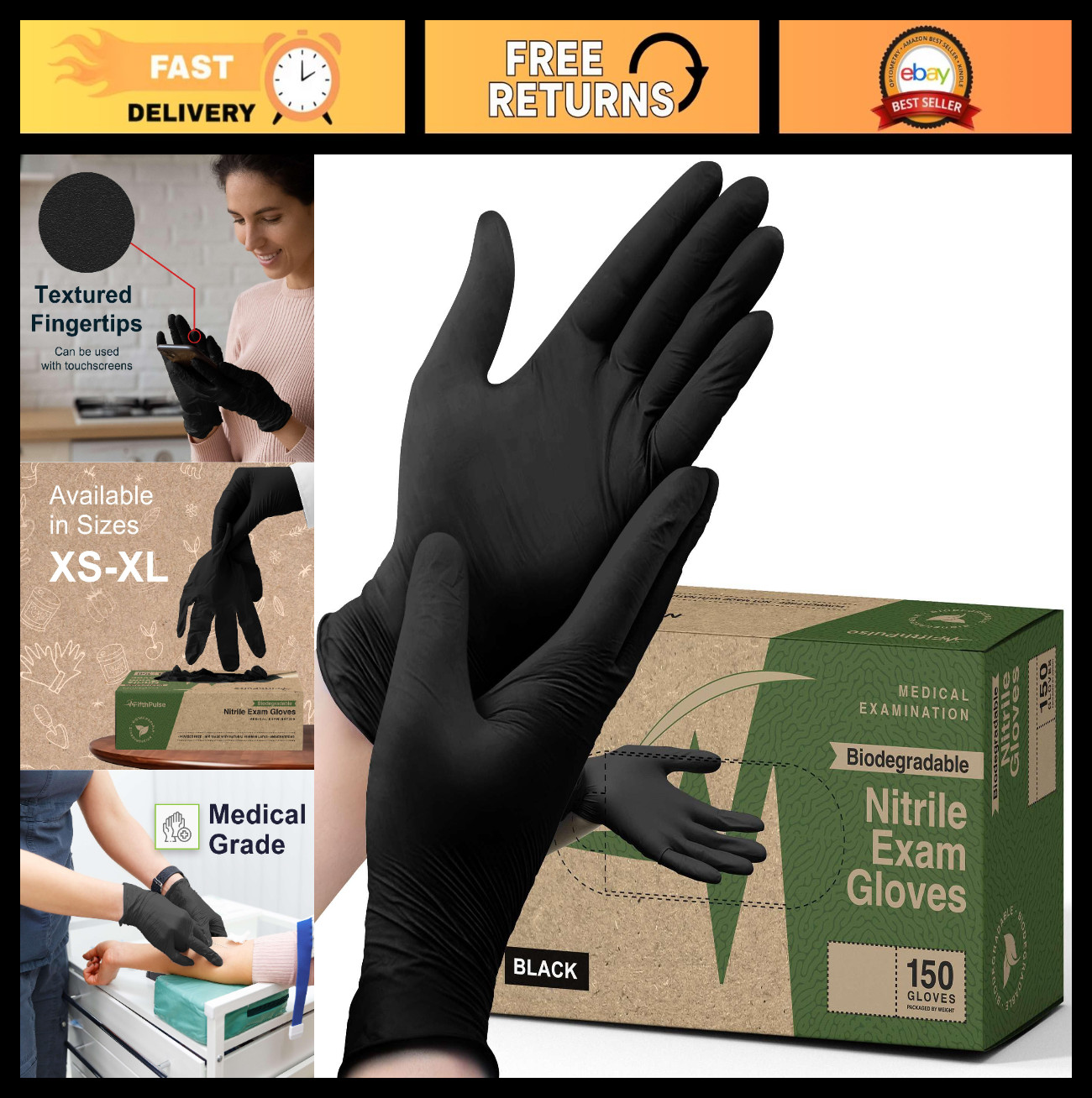 150 Count Biodegradable Black Nitrile Disposable Gloves – Medical & Food Safe, L