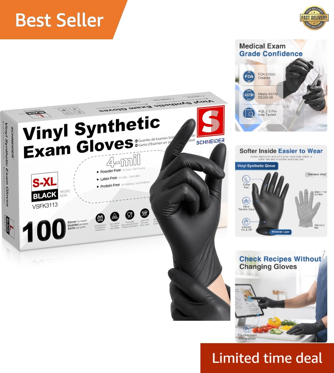 Black Vinyl Disposable Gloves – 4 Mil Latex-Free Exam & Food Prep Gloves – 10…