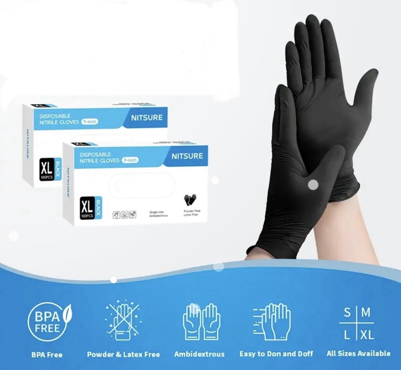 Black Nitrile Medical Gloves XL Powder Free Latex Free Food Grade 100pcs