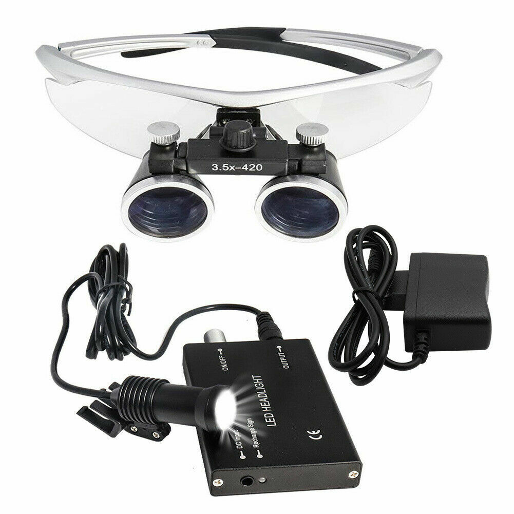 Silver Dental Loupes 3.5X 420mm Surgical Binocular Optical Glass Head Light Lamp