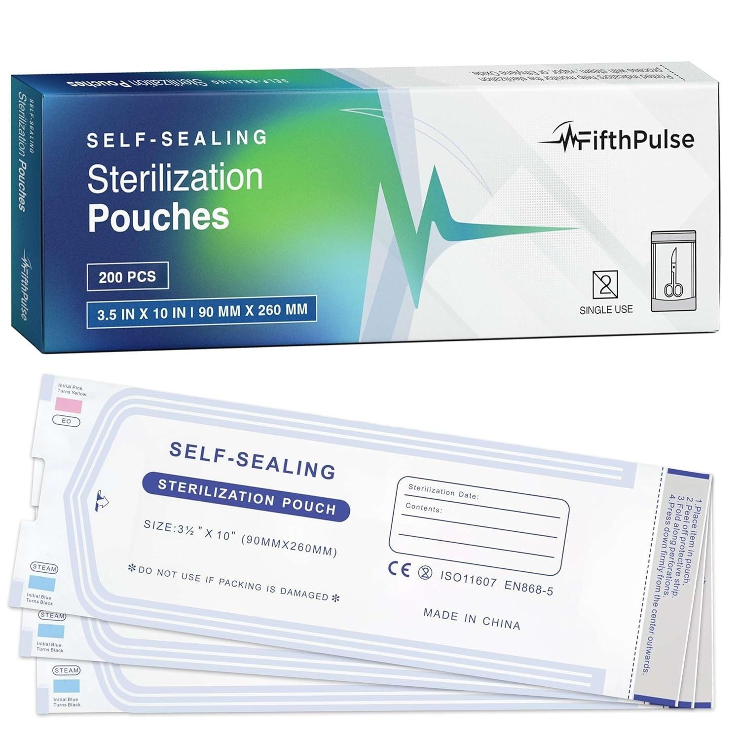 FifthPulse Self-Sealing Sterilization Pouches 3.5×10 Color Indicator – 200Pk