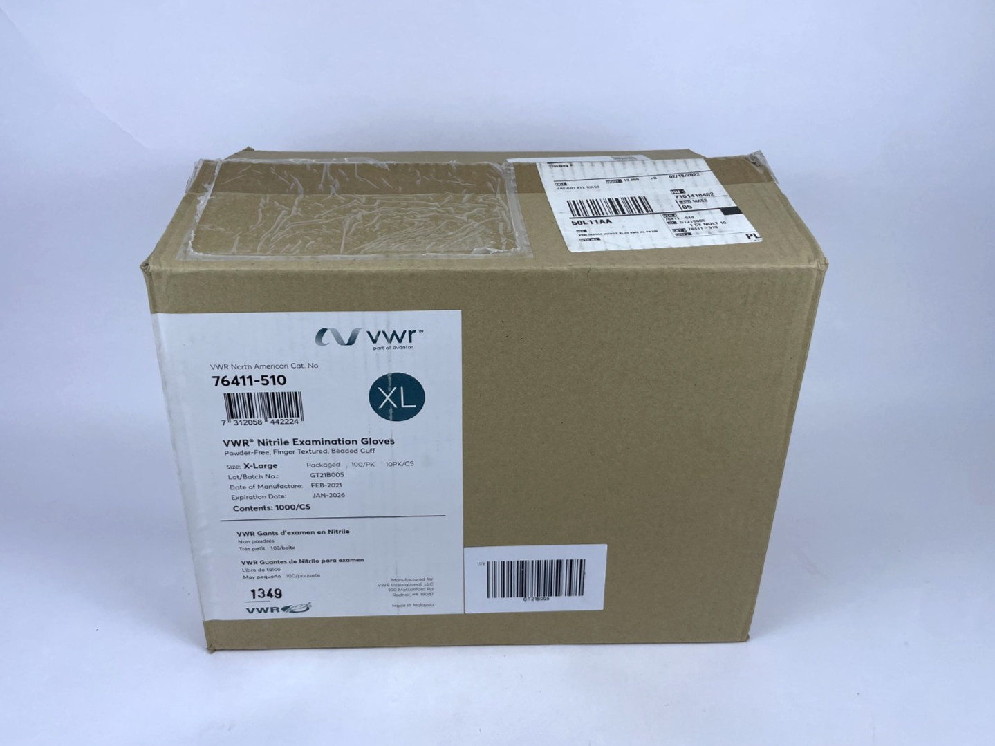 VWR Nitrile Examination Gloves, Powder Free Finger Textured XL 1000cs 76411-510