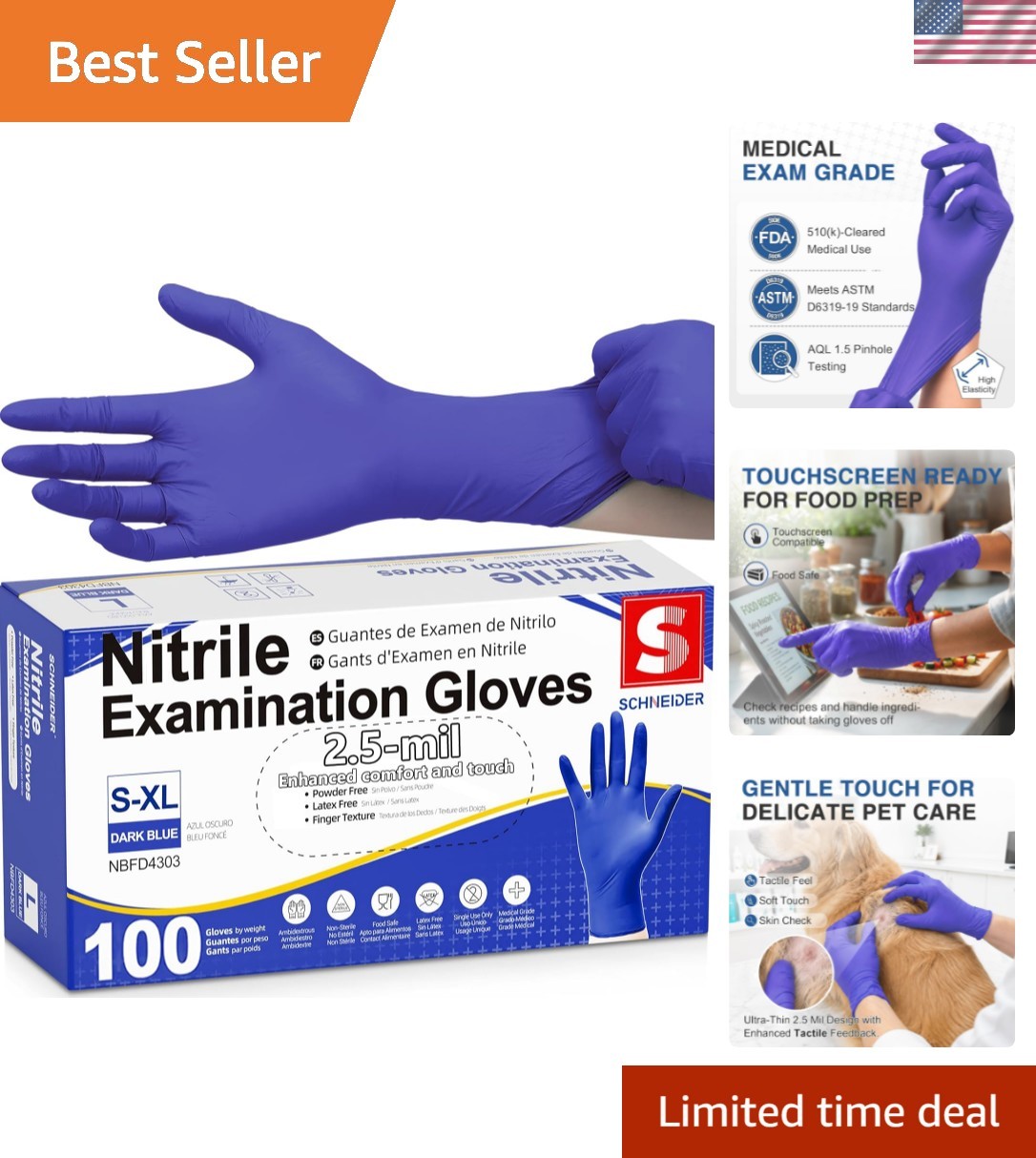 Nitrile Exam Gloves, Dark Blue, Disposable Gloves, Latex-Free, Powder-Free, F…