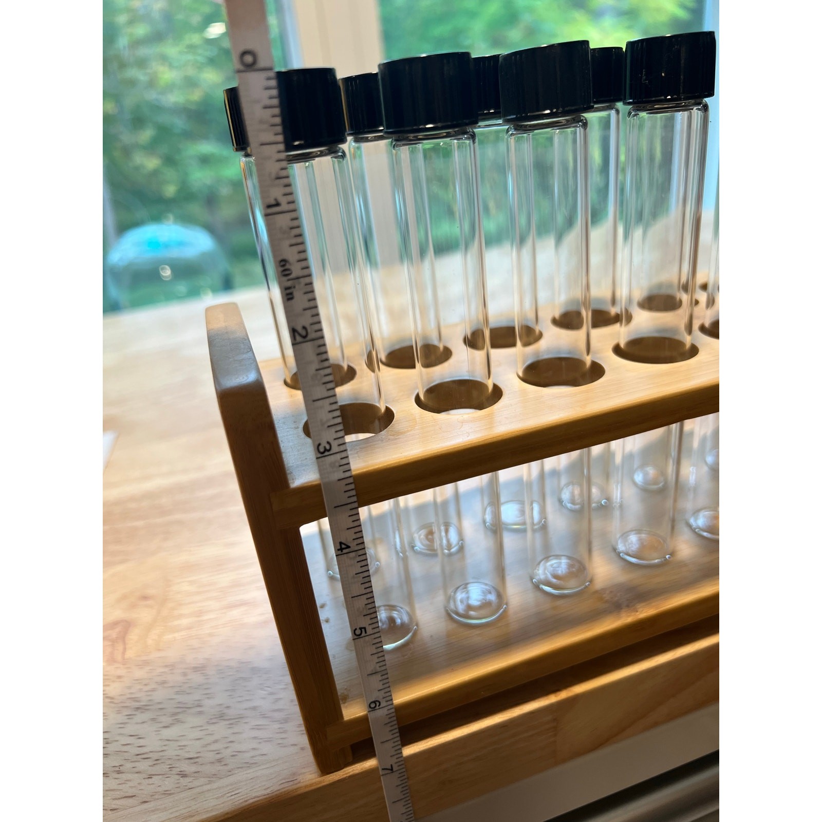 12 Capped Glass Test Tubes with Wood Stand Display Rack Science Lab Testing