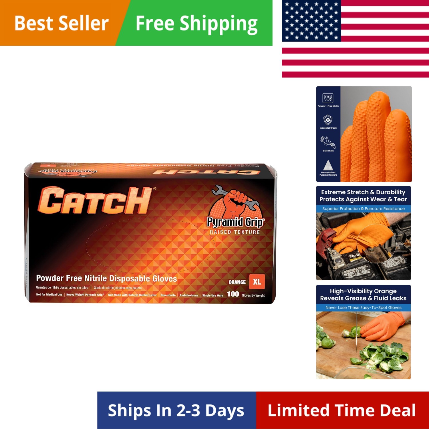 Catch 9 Mil Powder-Free Nitrile Gloves, Raised Grip, X-Large, Orange, Box of 100
