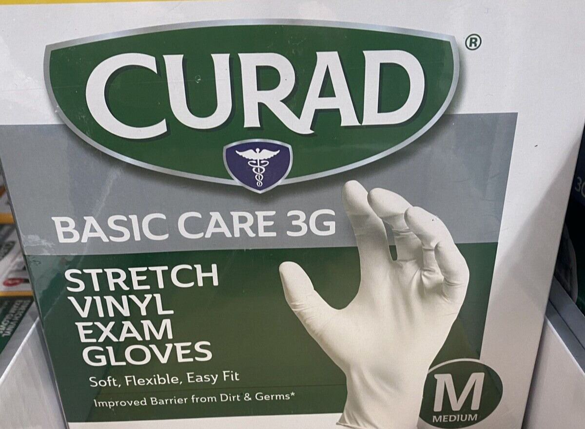 CURAD Basic Care 3G Stretch Vinyl Exam Gloves, Size M Soft Flexible Easy Fit