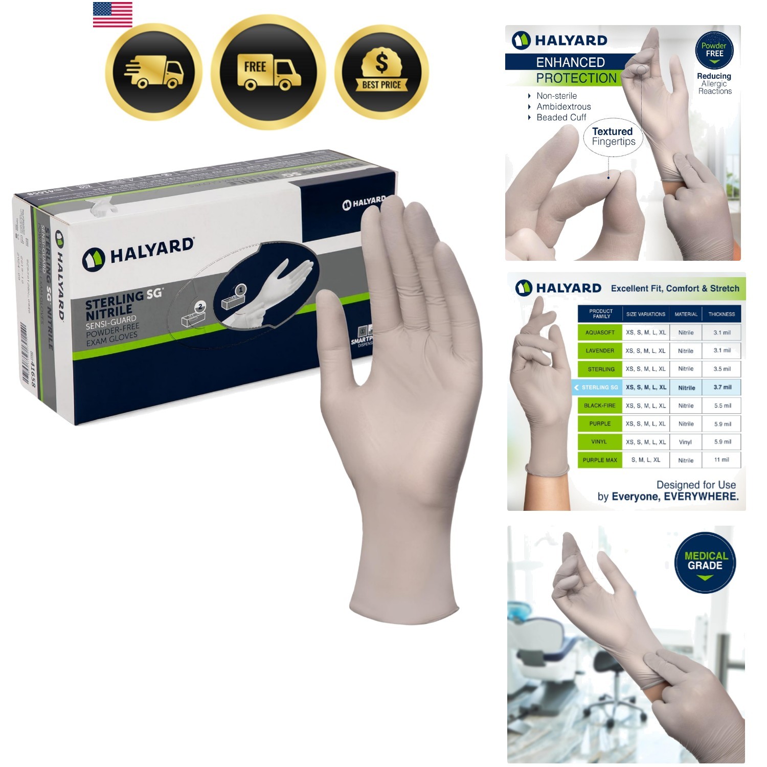 Sterling SG Nitrile Powder Free Exam Gloves Disposable 3.7 mil, 9.5 Inches, G…