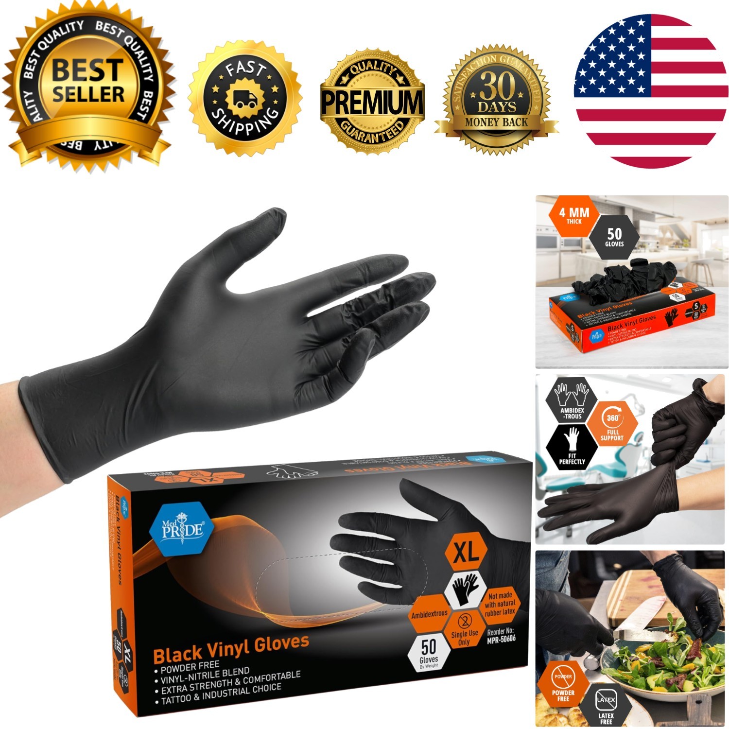Extra Strength Black Vinyl Disposable Gloves – Latex & Powder-Free (Pack of 50)