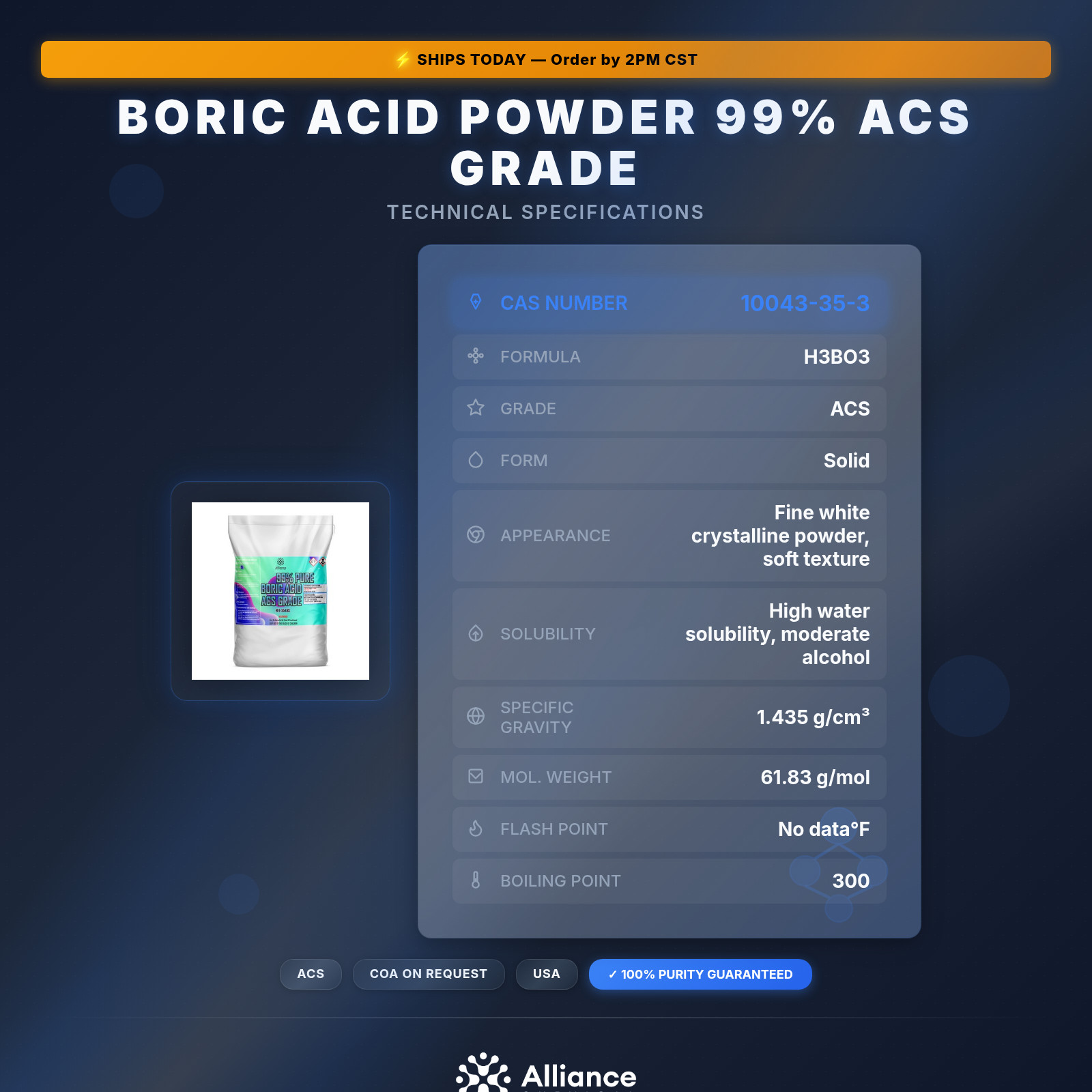 Boric Acid Powder 99% Acs Grade – 1 Bag (50 lbs.)