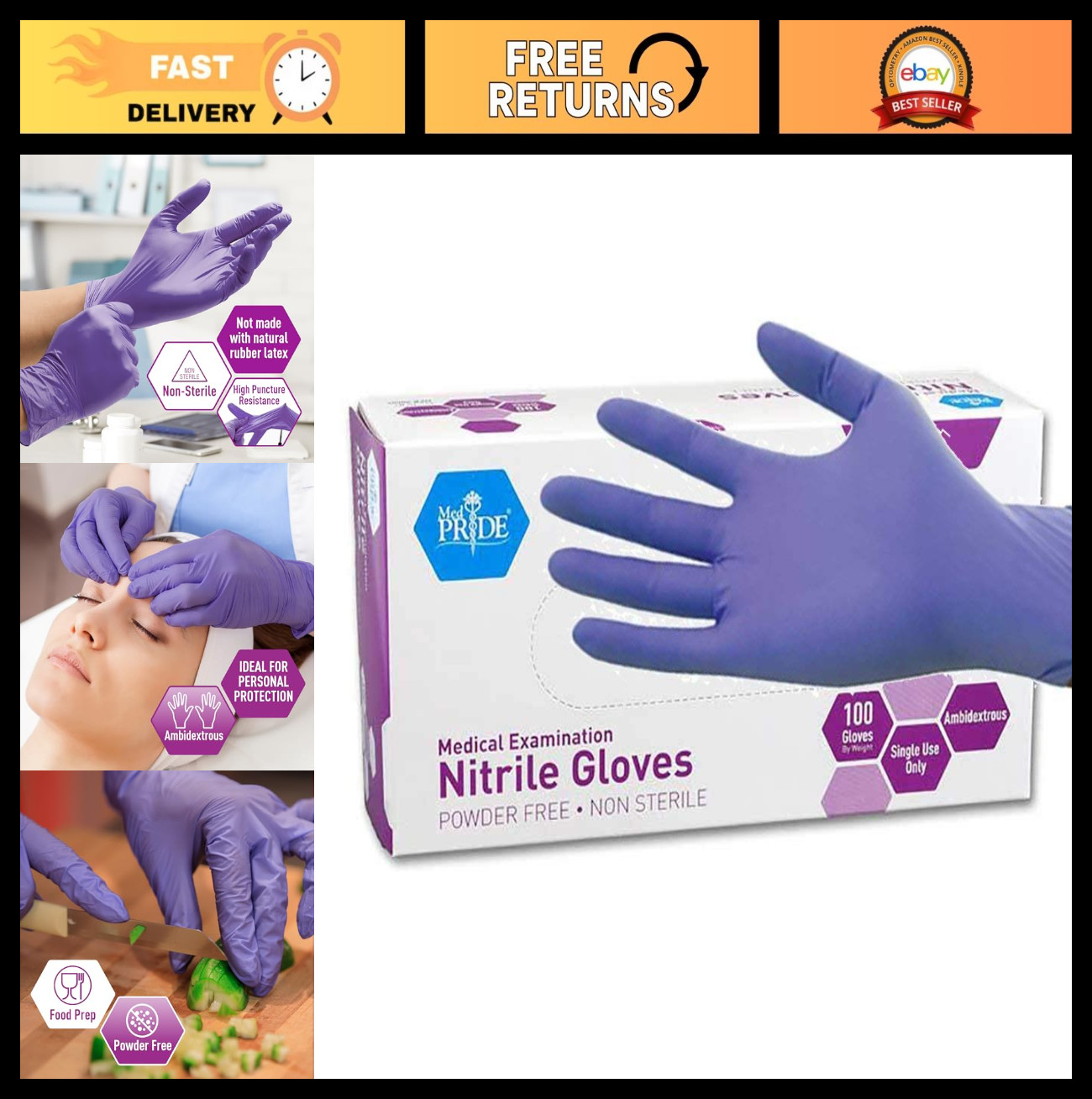 Powder-Free Nitrile Exam Gloves, Large Size, 100 Count – Medical & Safety Use