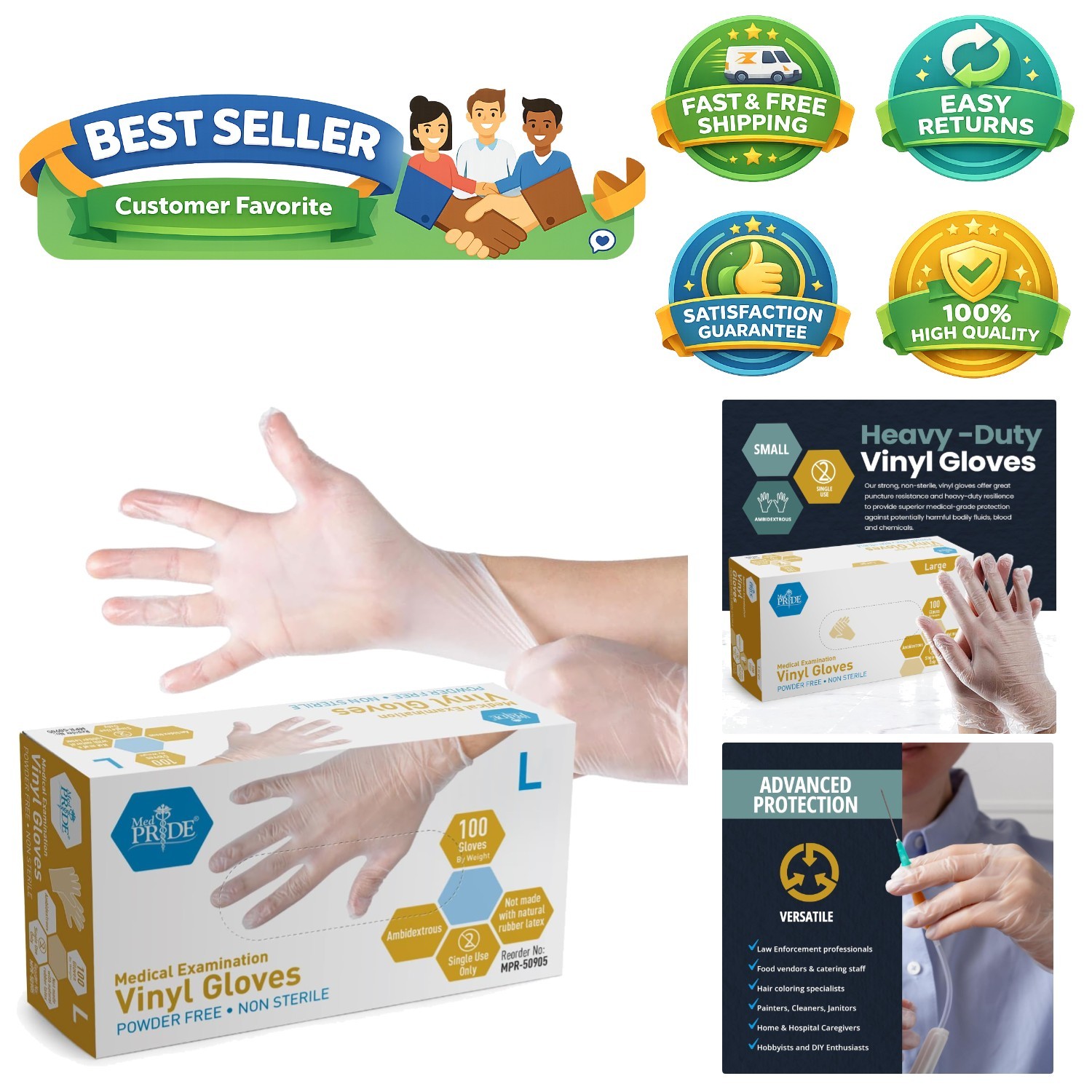 Latex & Rubber-Free Large Vinyl Gloves – 100 Count for Medical and Food Handling