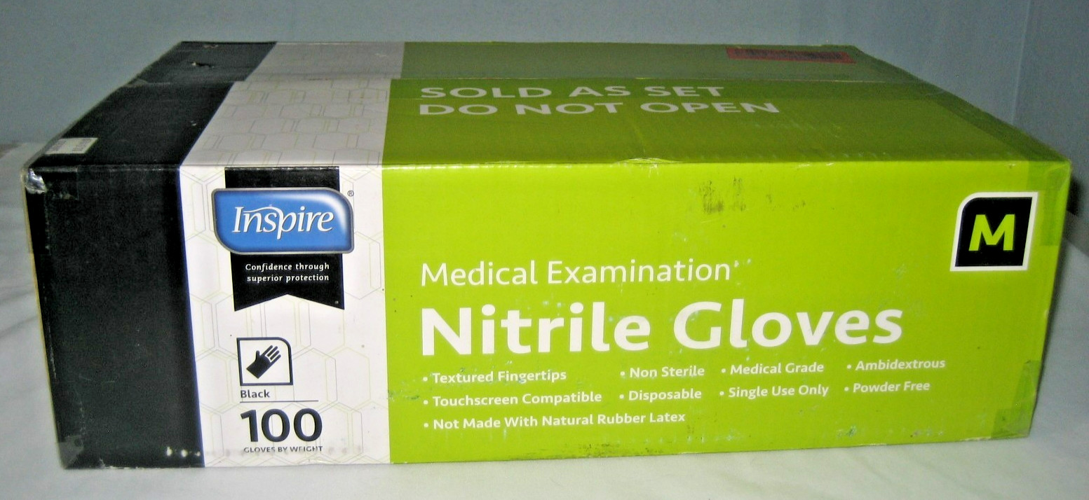 1000 Inspire Black Nitrile Gloves Exam Grade Size Medium – 10 Boxes of 100 Each
