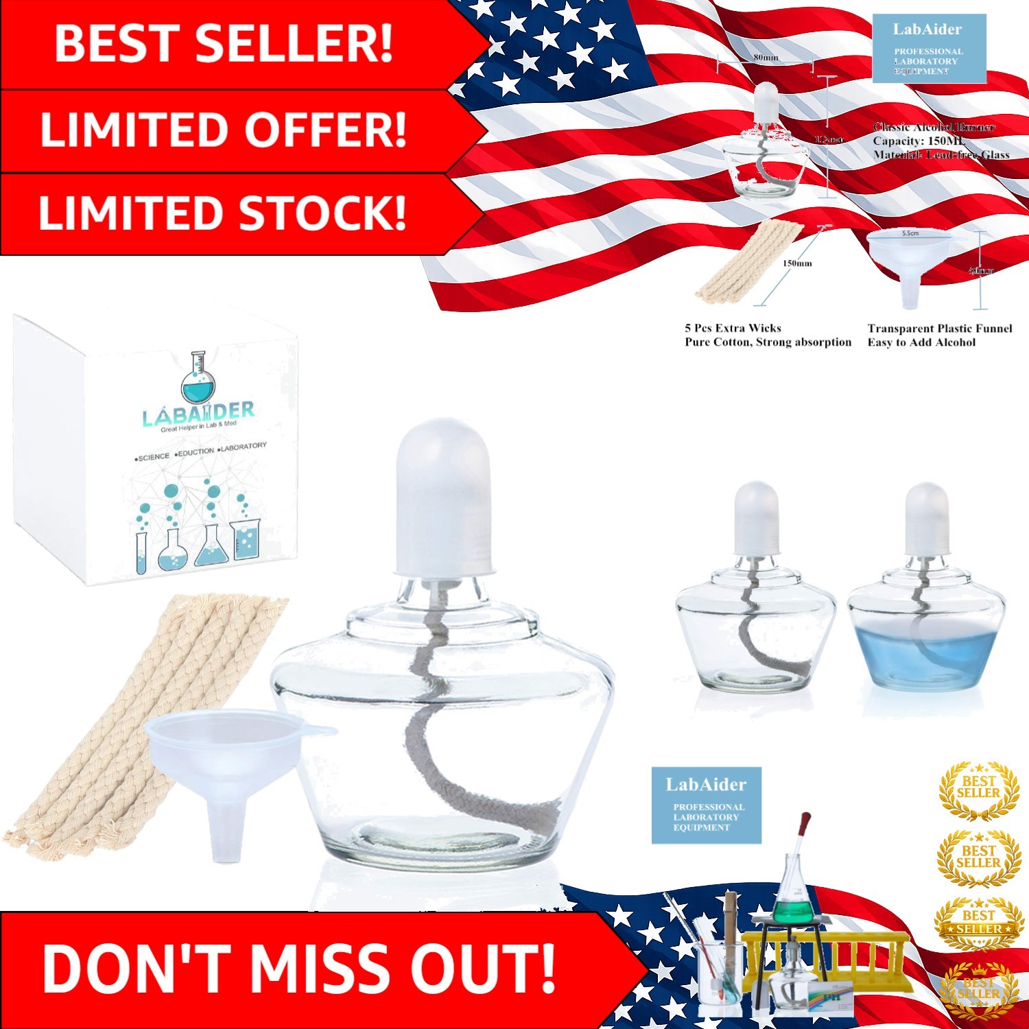 150mL Alcohol Burner Lamp for Science Experiments – Wicks & Funnel Set