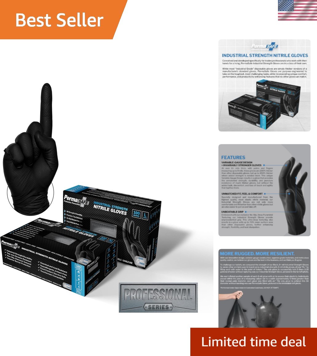 PermaSafe HD Black Disposable Nitrile Industrial Gloves, 6+ Mil, Latex-Free, …