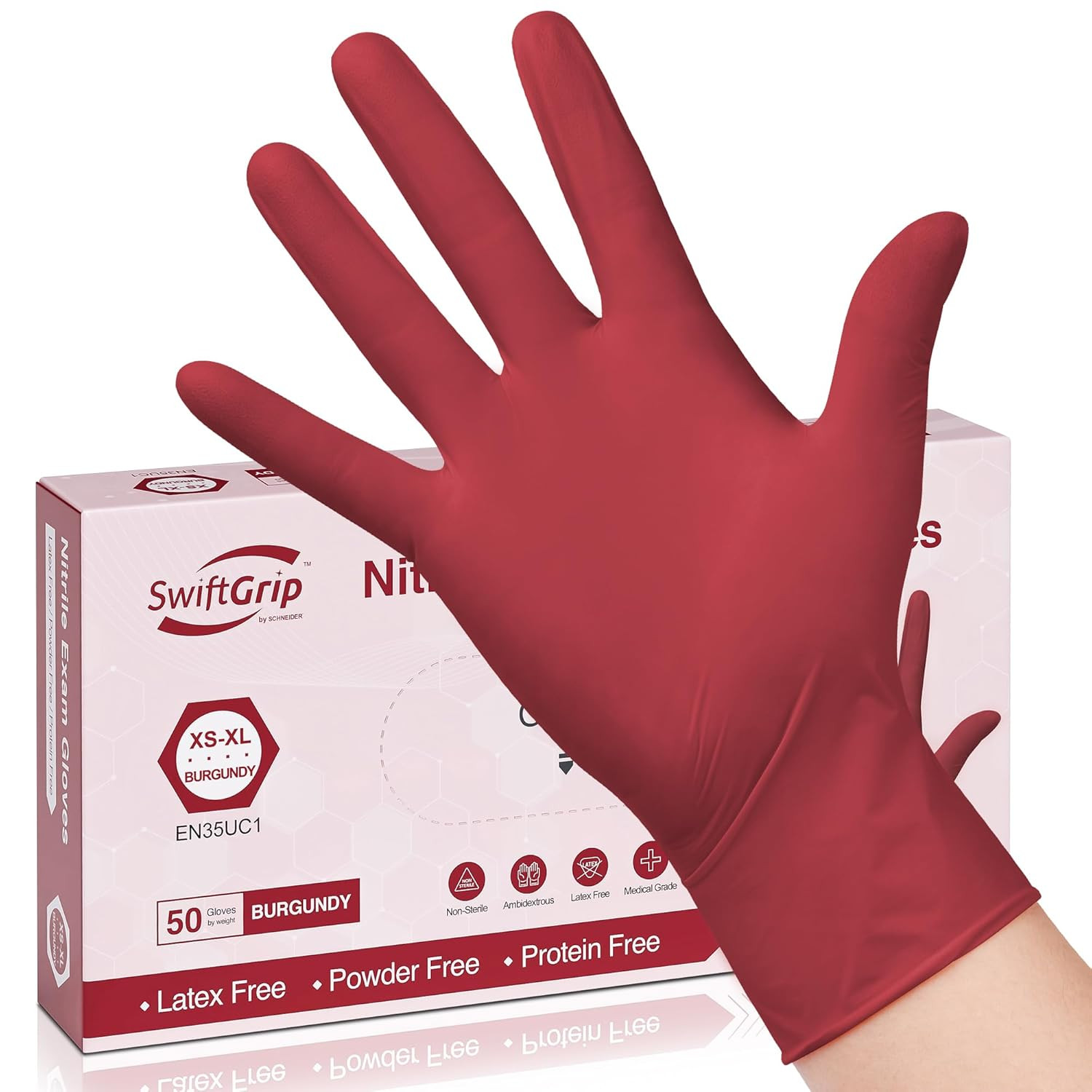 Swiftgrip Disposable Nitrile Exam Gloves, X-Small, Box of 50, Burgundy, Latex-Fr