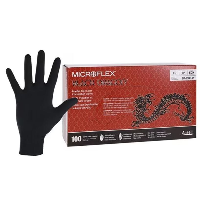 *100-Gloves* Microflex Black Dragon PF Examination Latex X-Small BD-1000-PF