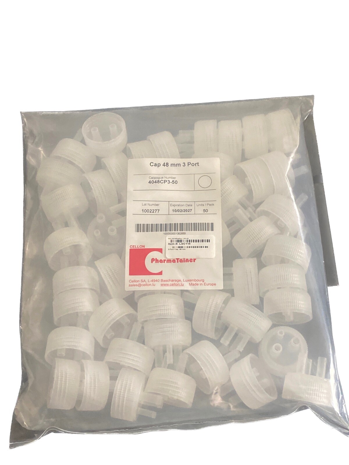 (50/Pk) CELLON PharmaTainer 48mm 3-Port Screw Caps 4048CP3-50
