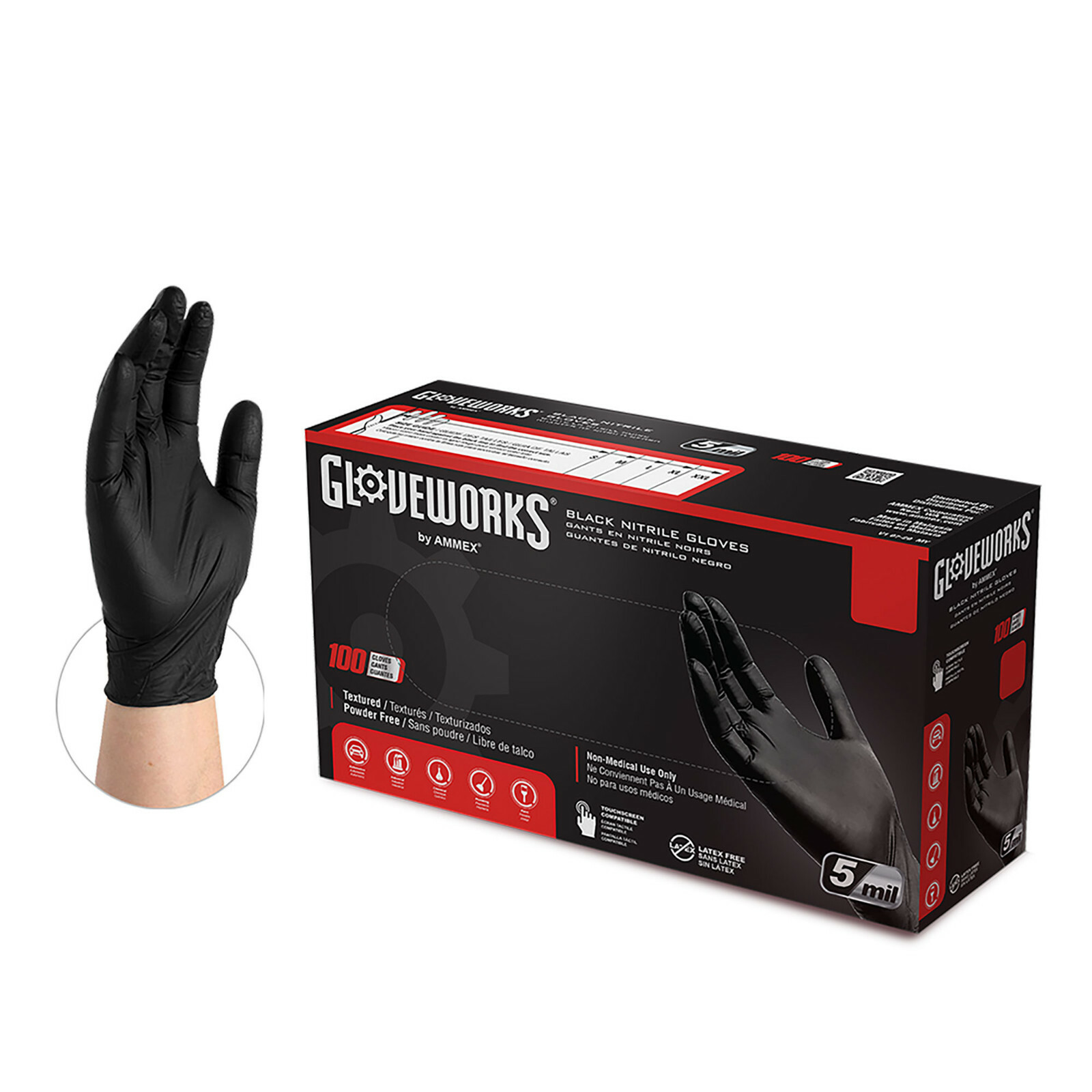 GLOVEWORKS by AMMEX 5 Mil Black Nitrile Gloves Size Small