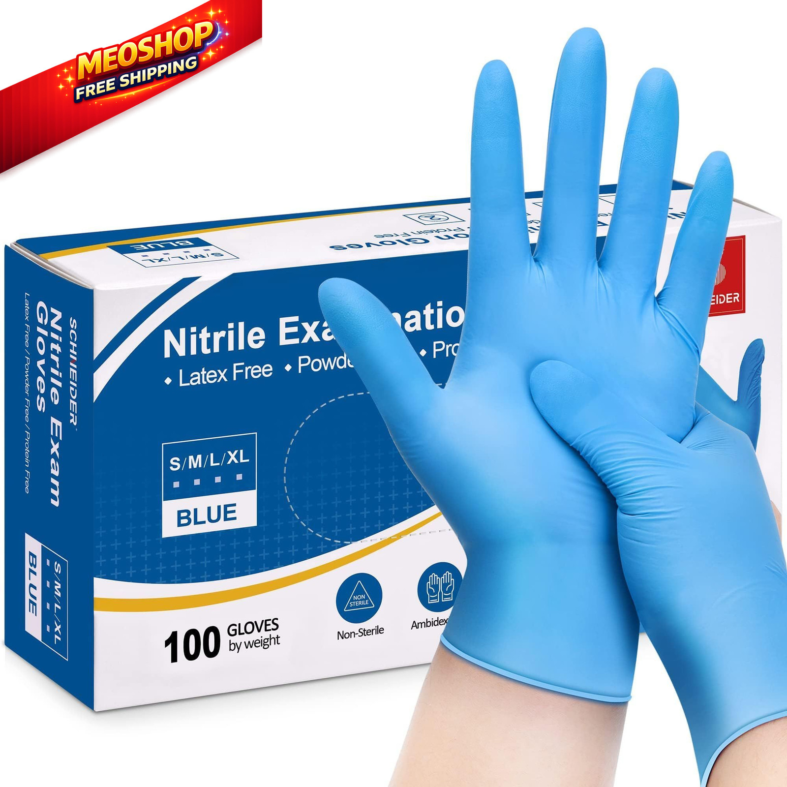 Schneider Nitrile Exam Disposable Gloves for Medical, Cleaning, Medium, Blue