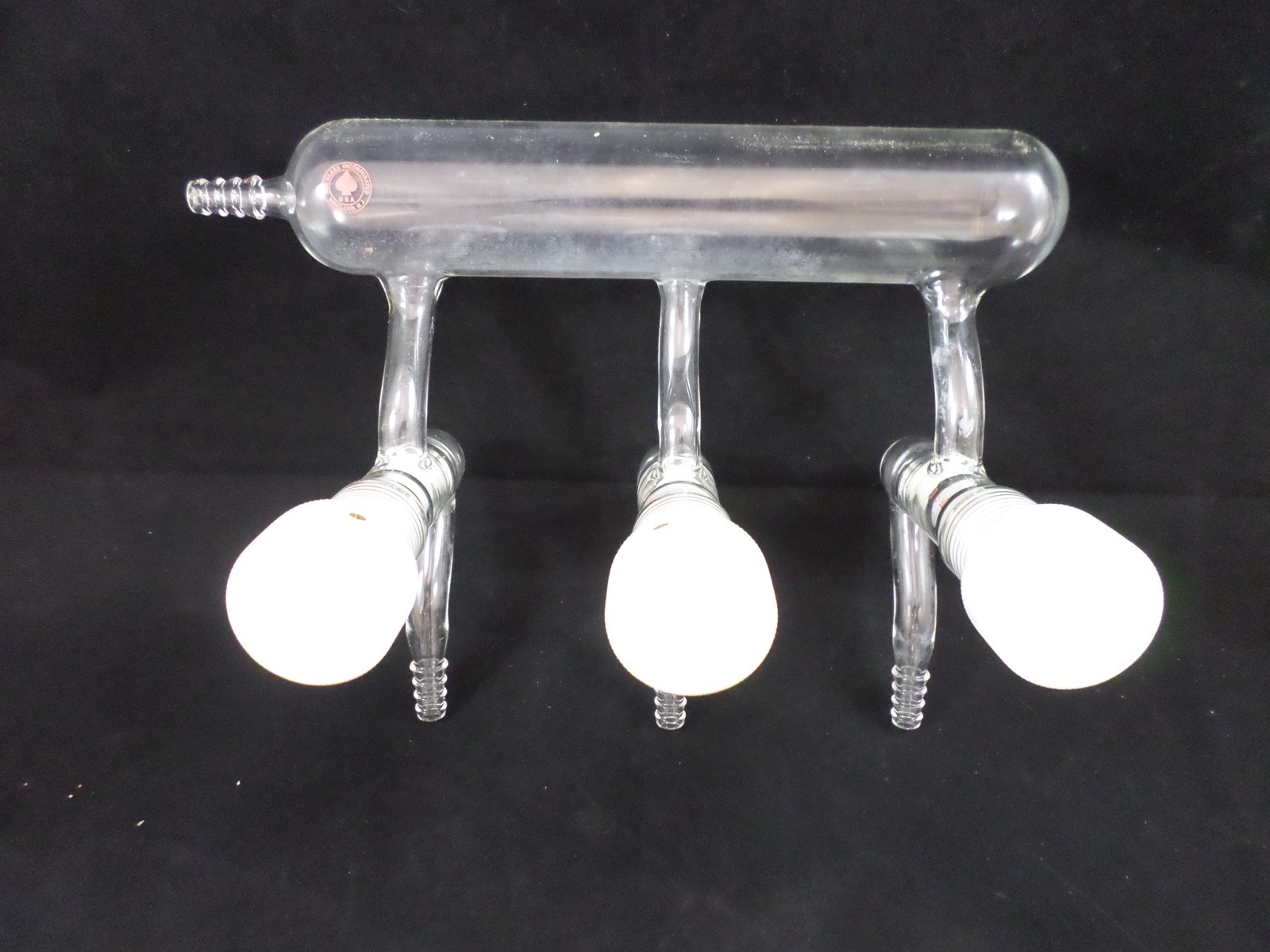 ACE Glass 235mm 3-Port Left Single Bank Inert Gas Vacuum Manifold PTFE Plugs