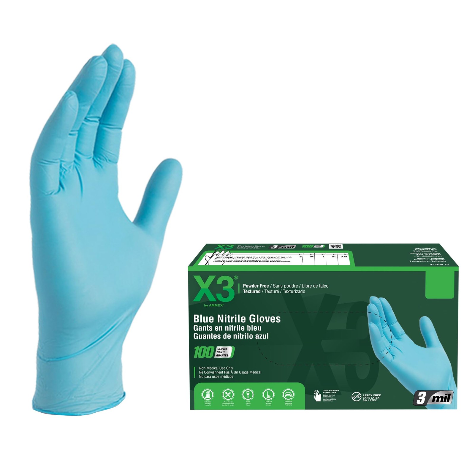 X3 Industrial Blue Nitrile Gloves, Box of 100, 3 Mil, Size XX-Large, Latex Free,