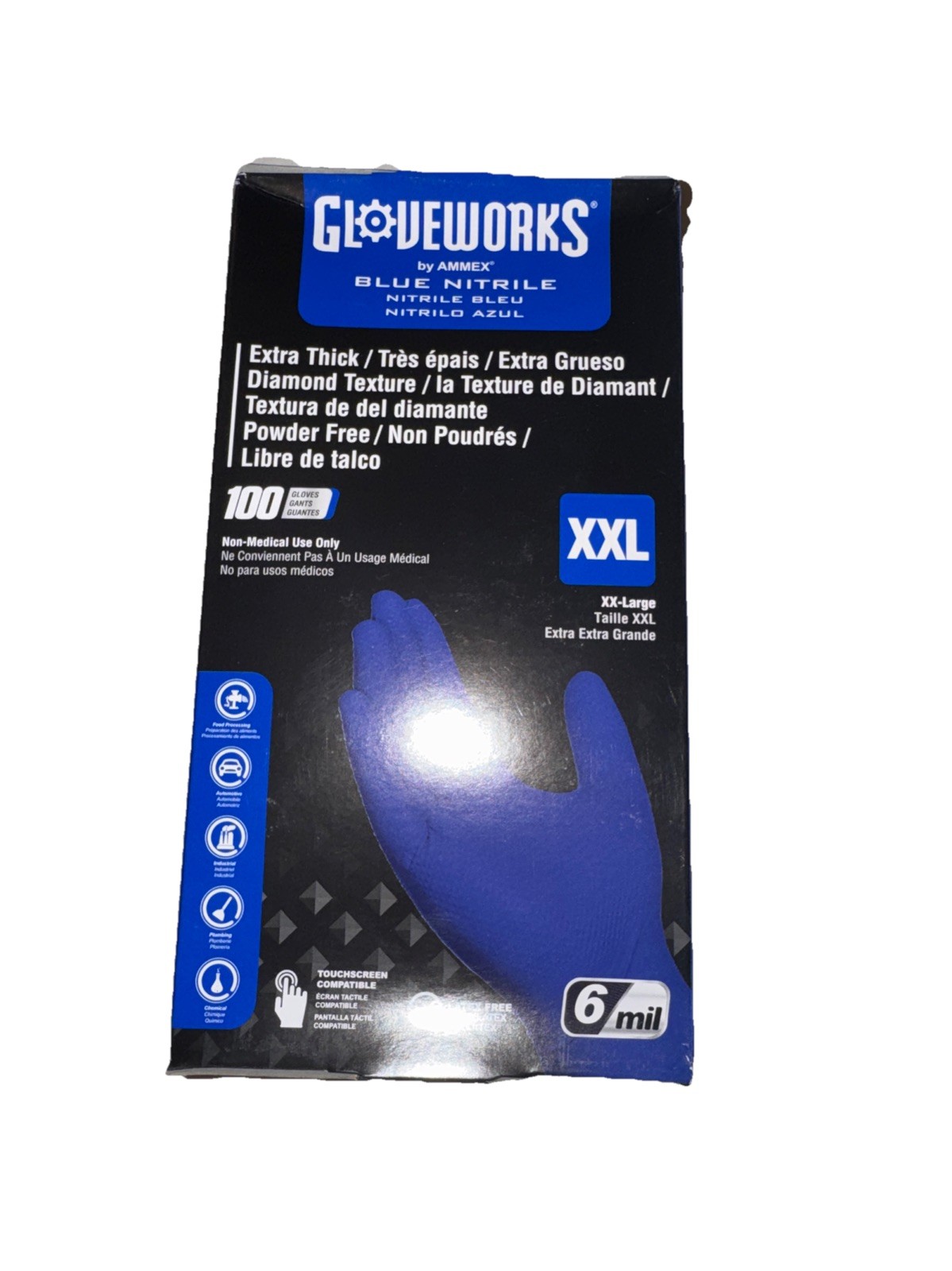 Ammex Gloveworks GWRBN49100 Blue Nitrile Powder Free Industrial Gloves, 6 Mil