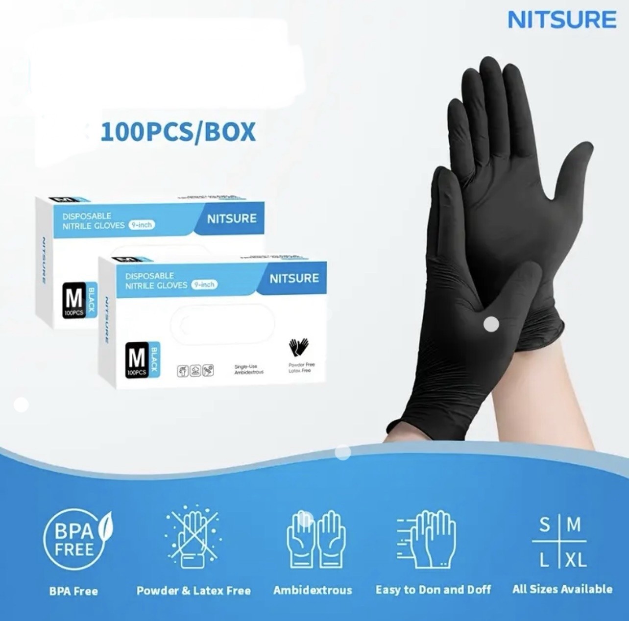 Black Nitrile Medical Gloves Medium Powder free Latex Free Food Grade 100pcs