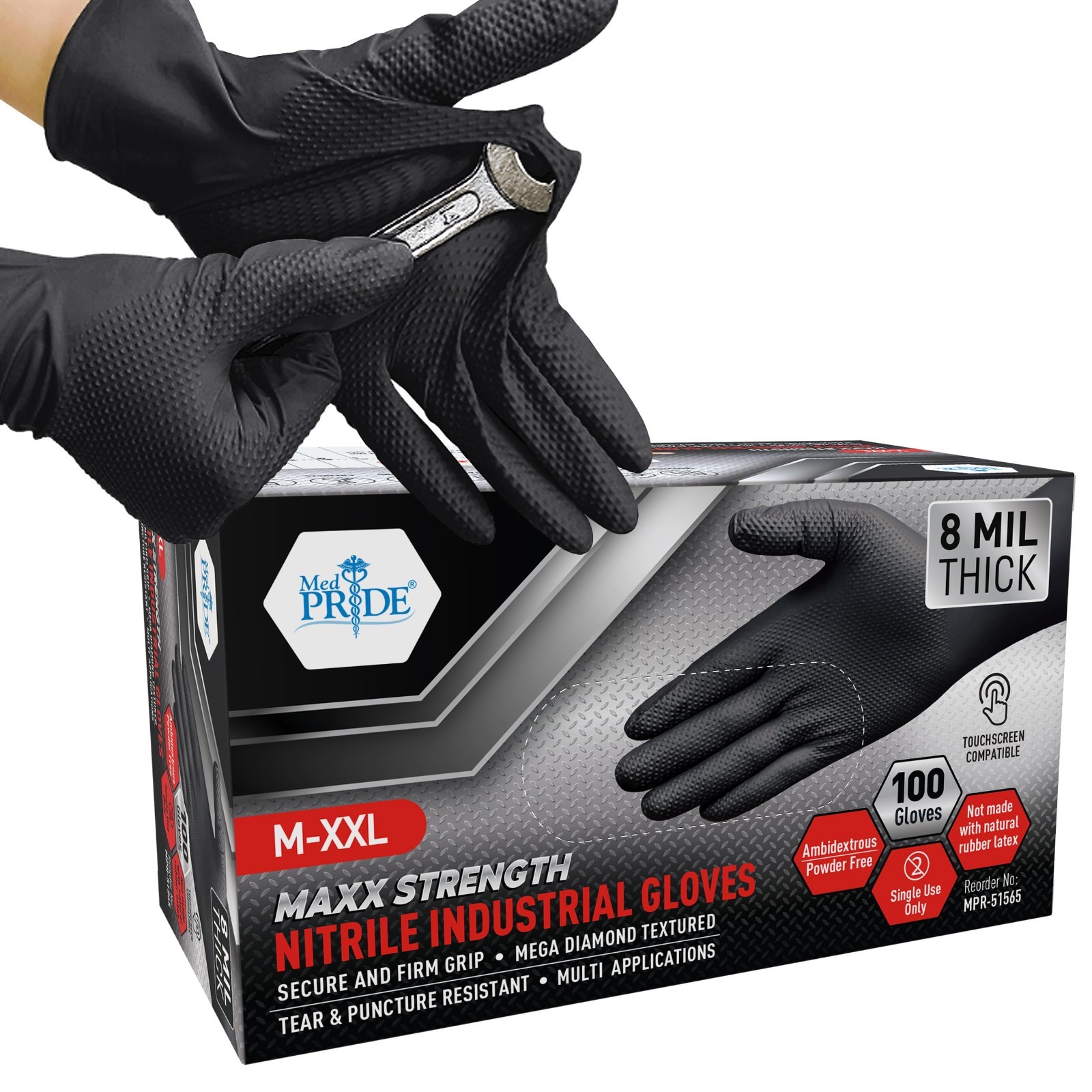 Maxx Strength Black Nitrile Gloves 8 Mil Thick – Heavy-Duty, Tear-Resistant, Dia