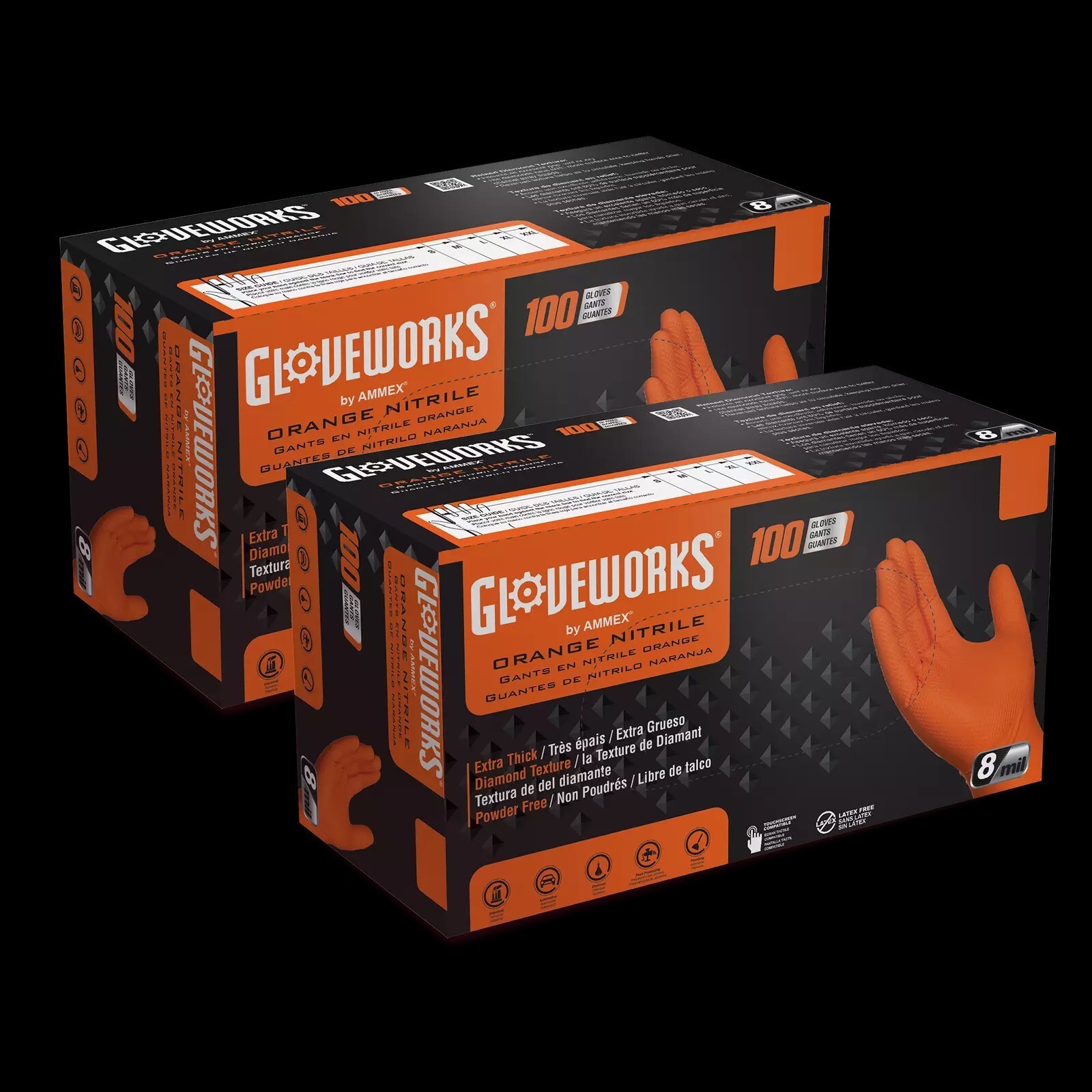 GLOVEWORKS HD Orange Nitrile Disposable Gloves 8 Mil Raised Diamond Texture, 200