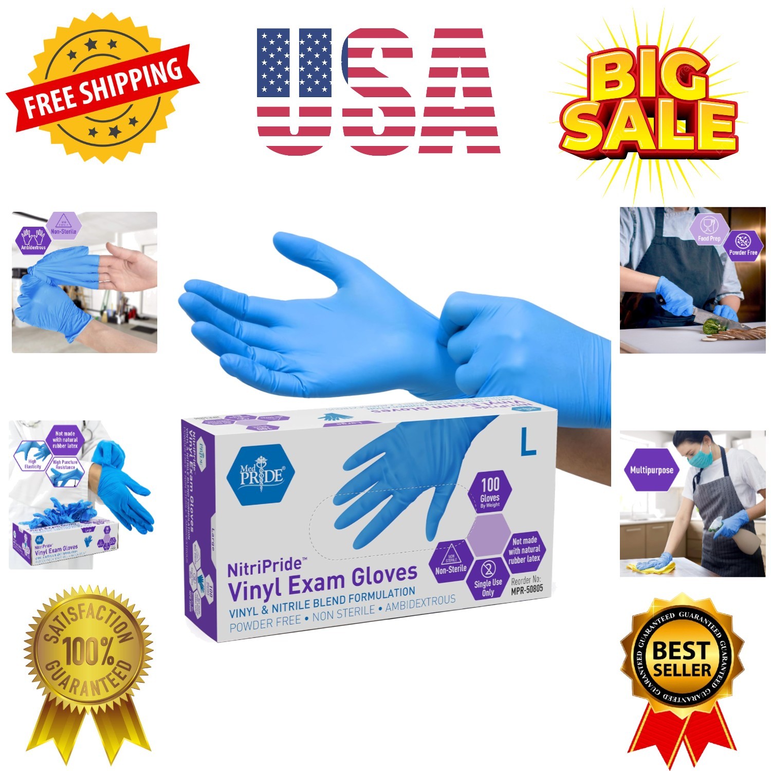 Nitrile/Vinyl Blend Exam Gloves, Powder-Free, Latex-Free, Disposable, Non-Ste…
