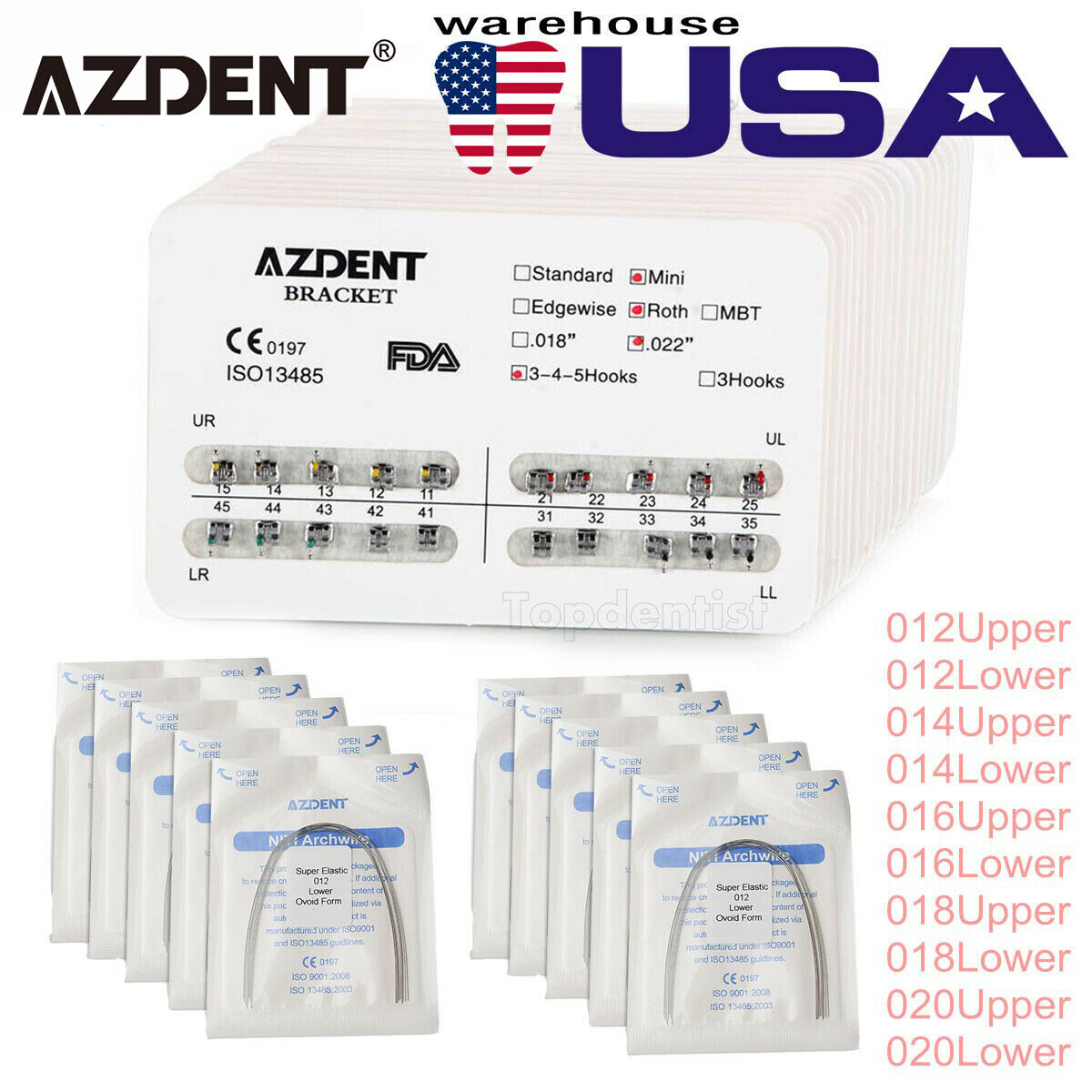 Dental Orthodontic Brackets/10Sizes Round Arch Wires Mini Roth MBT 022 Hooks 345