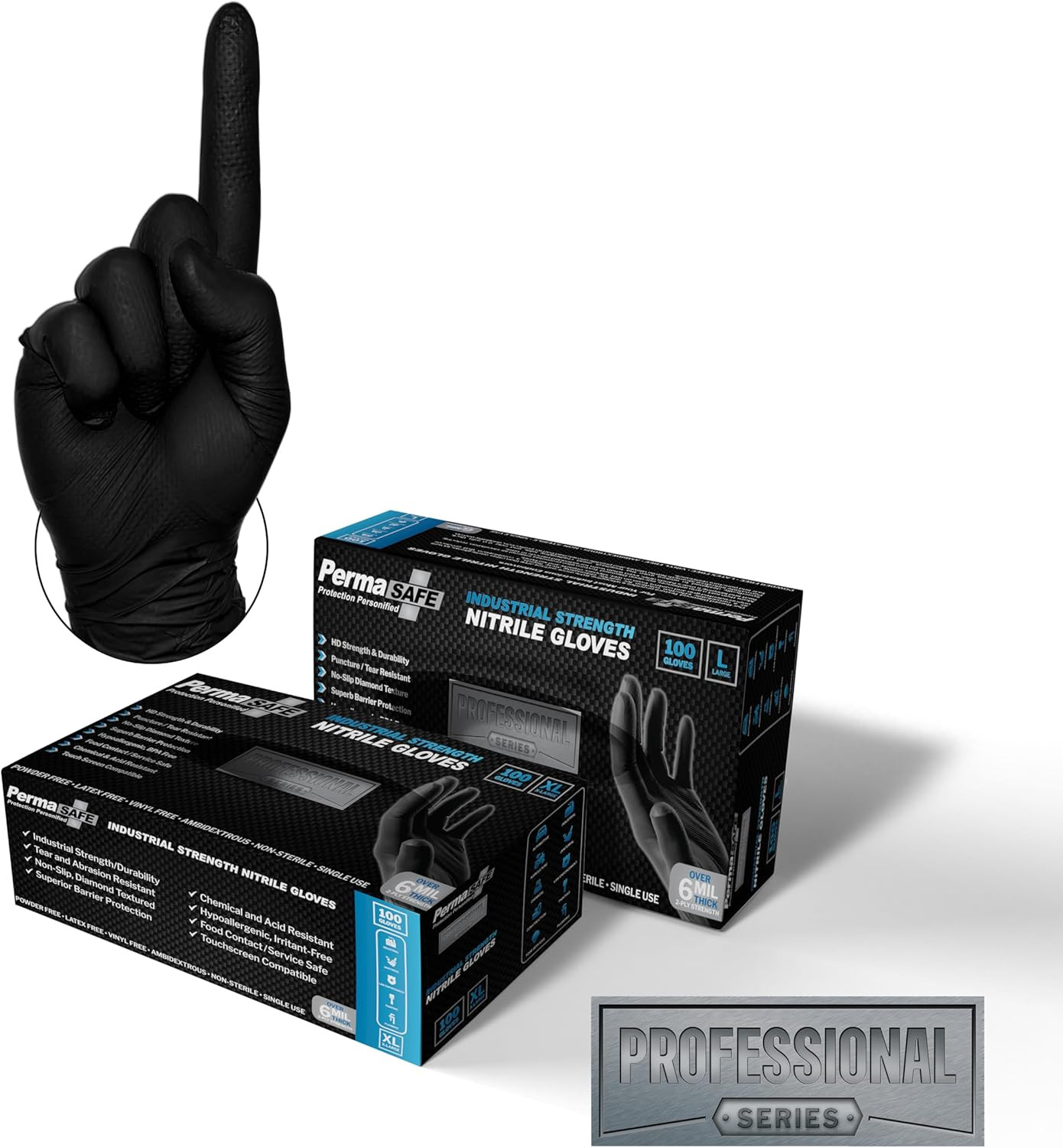 Permasafe HD Black Disposable Nitrile Industrial Gloves, 6+ Mil, Latex-Free, Rai